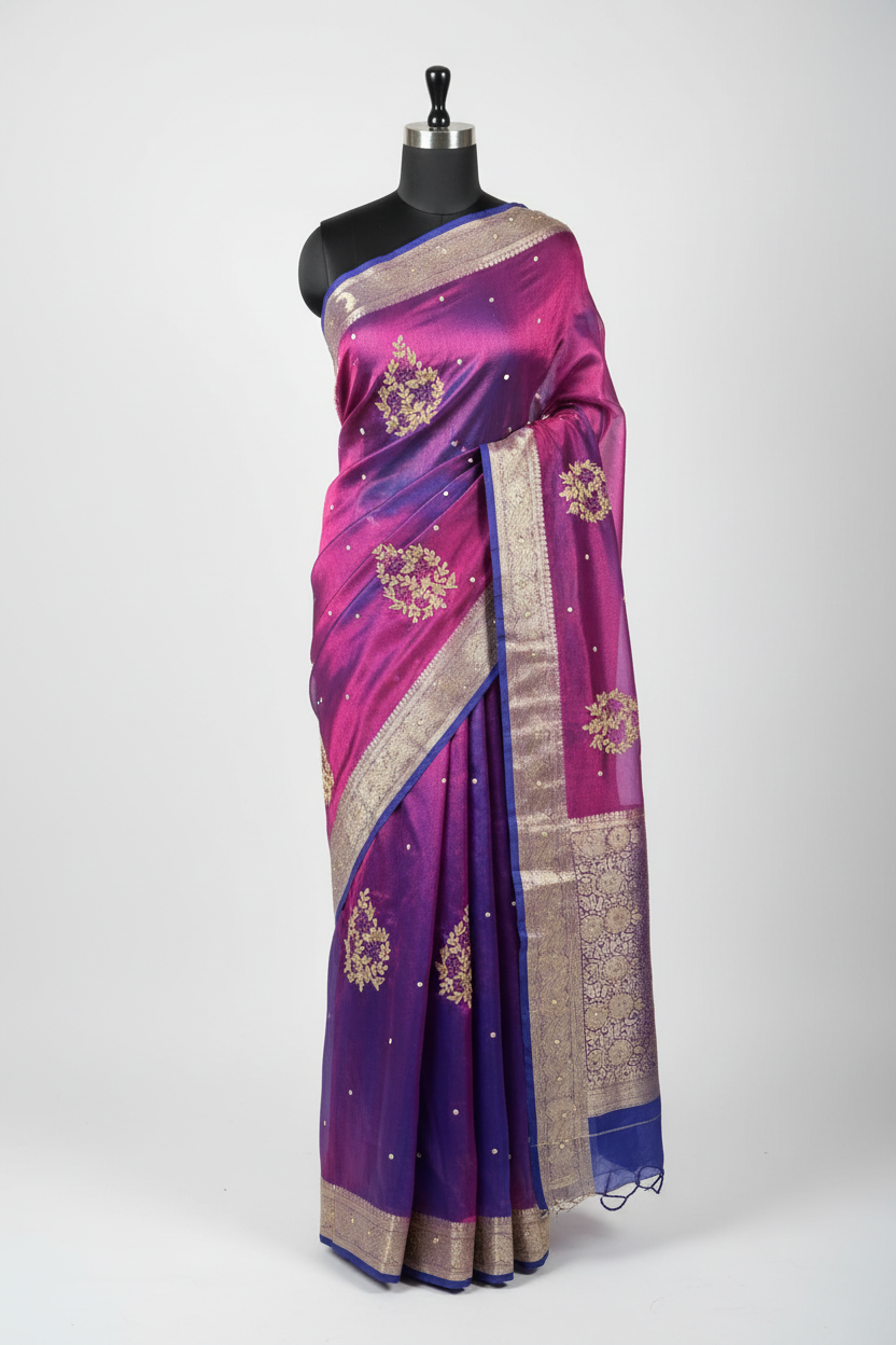 Dual Shaded Baigani Tissue Silk Premium Handwork Banarasi Saree