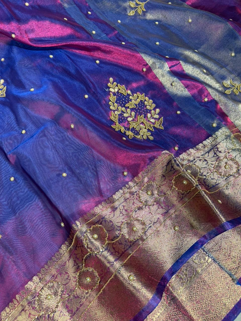 Dual Shaded Baigani Tissue Silk Premium Handwork Banarasi Saree