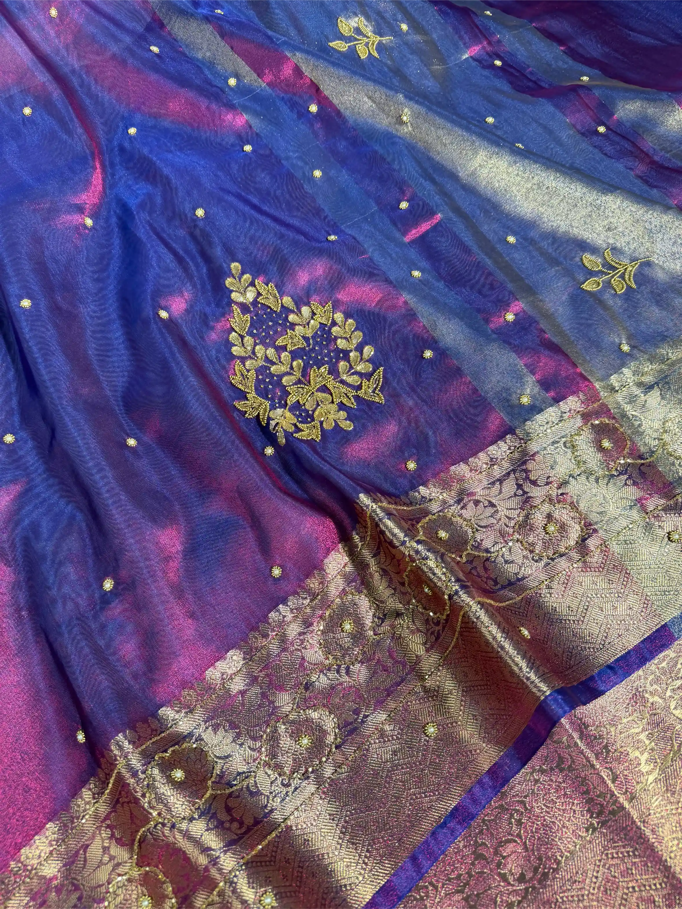Dual Shaded Baigani Tissue Silk Premium Handwork Banarasi Saree