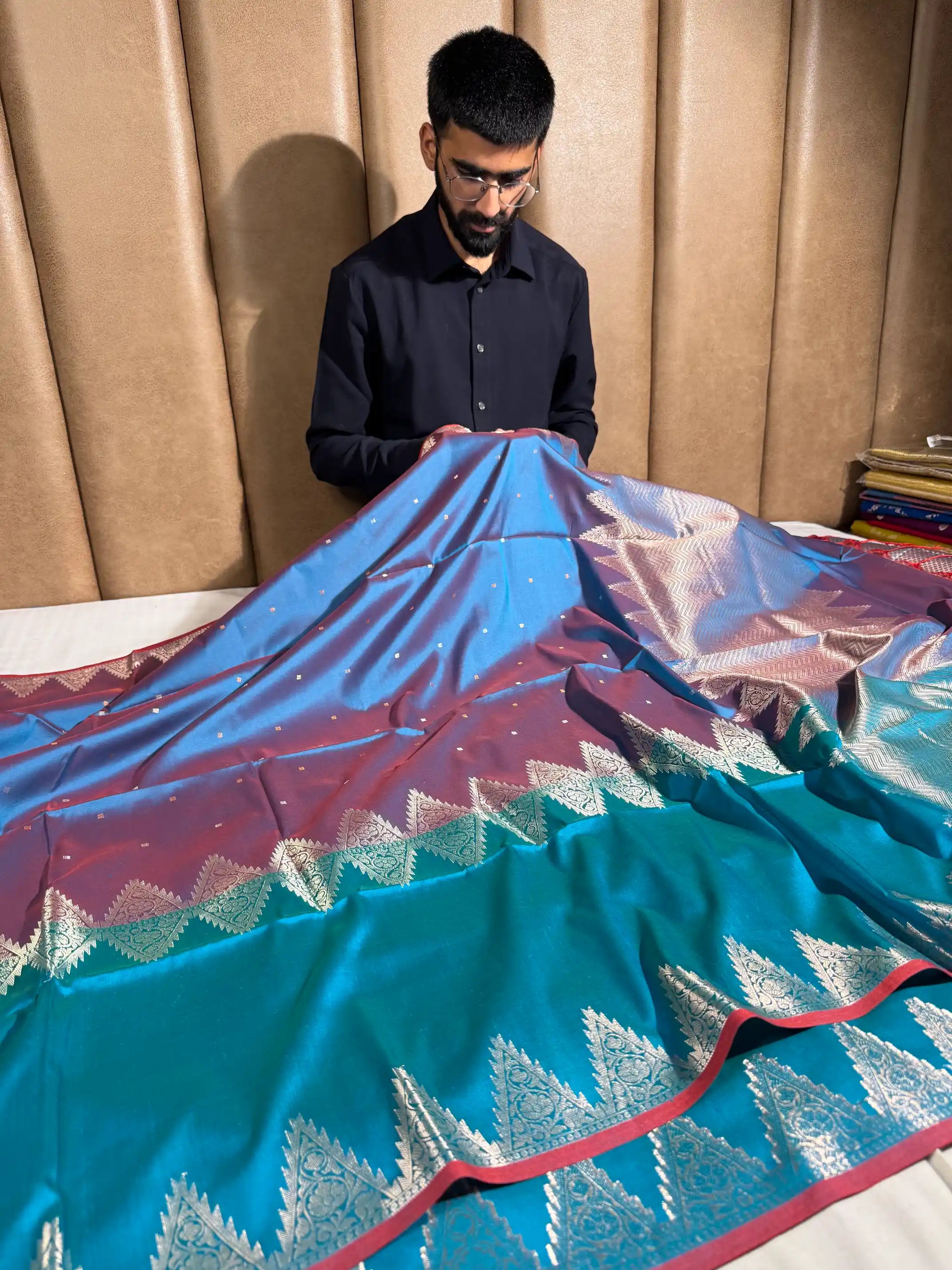Dual Shaded Blue Semi Katan Silk Contemporary Traditional Weave Banarasi Saree