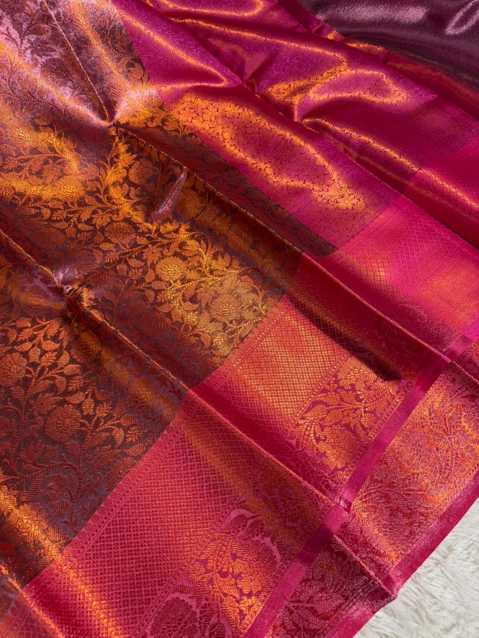 Dual Shaded Embossed Glass Tissue Silk Banarasi Saree