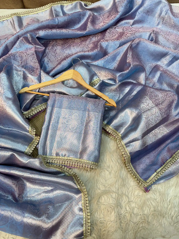 Dual Shaded Glass Tissue Silk Banarasi Saree with Designer Lace Work