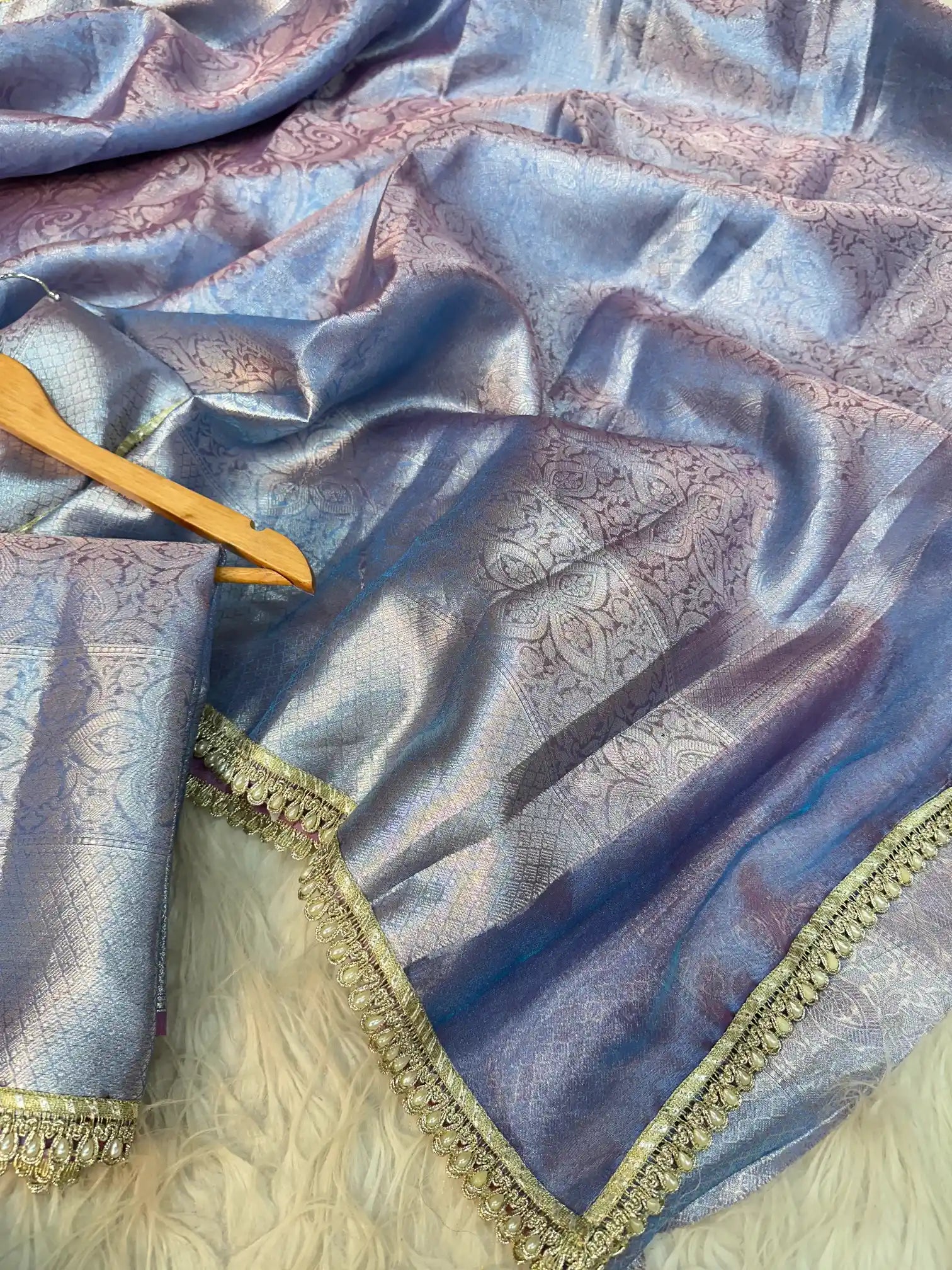 Dual Shaded Glass Tissue Silk Banarasi Saree with Designer Lace Work
