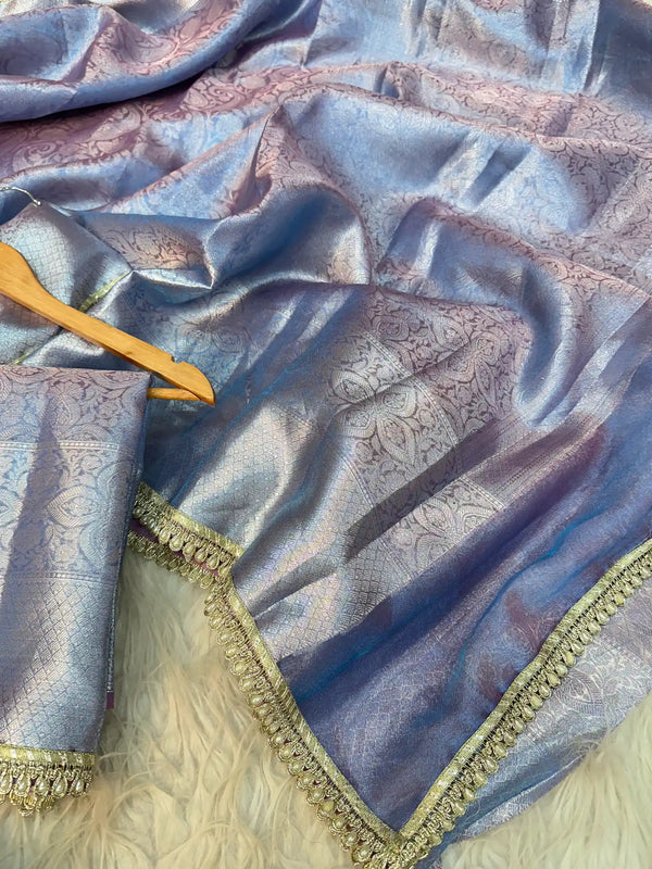 Dual Shaded Glass Tissue Silk Banarasi Saree with Designer Lace Work