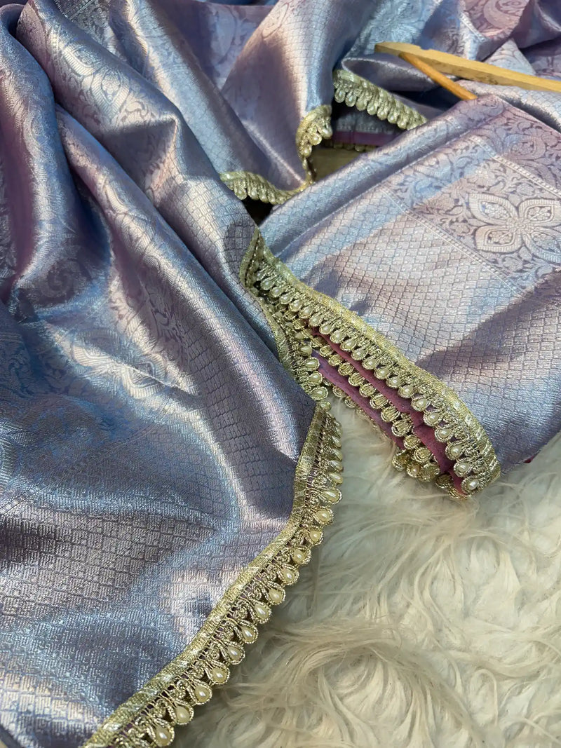 Dual Shaded Glass Tissue Silk Banarasi Saree with Designer Lace Work