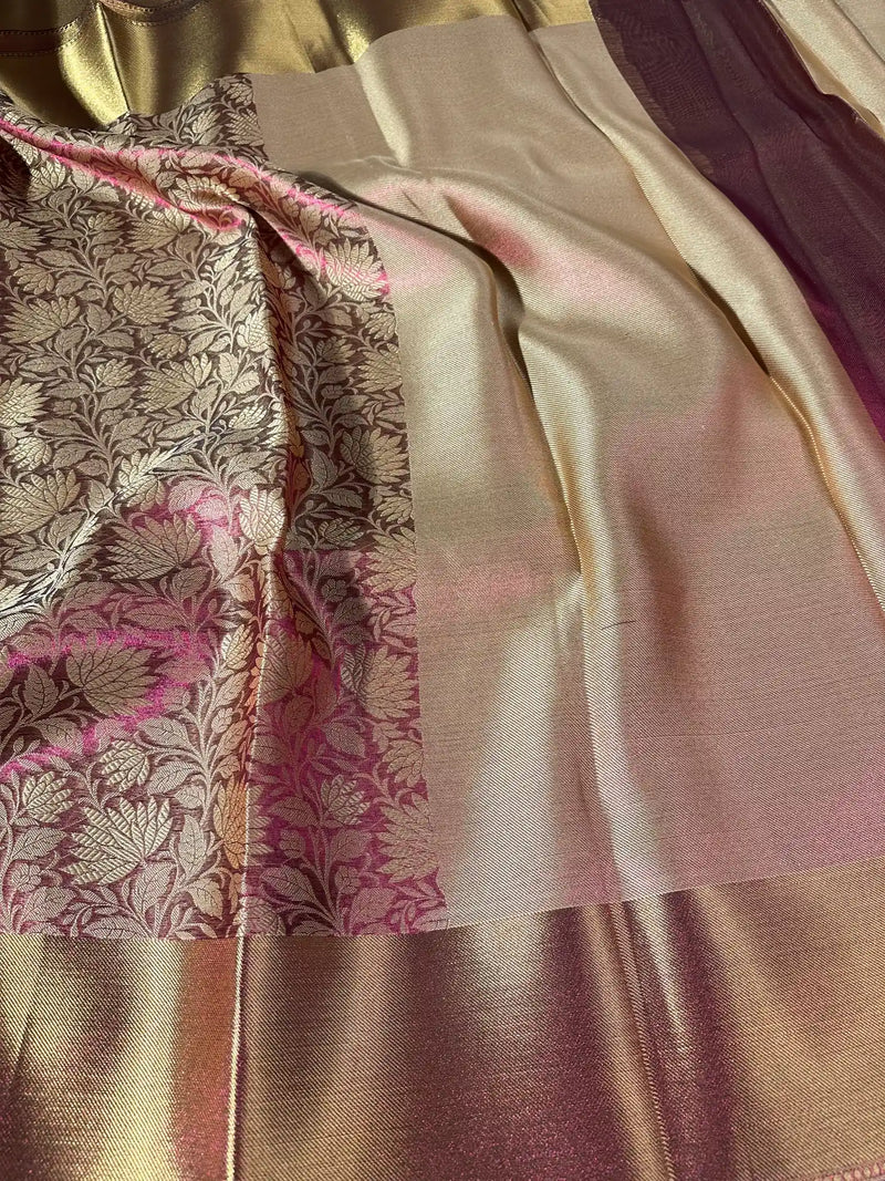 Dual Shaded Glass Tissue Silk Zari Floral Banarasi Saree