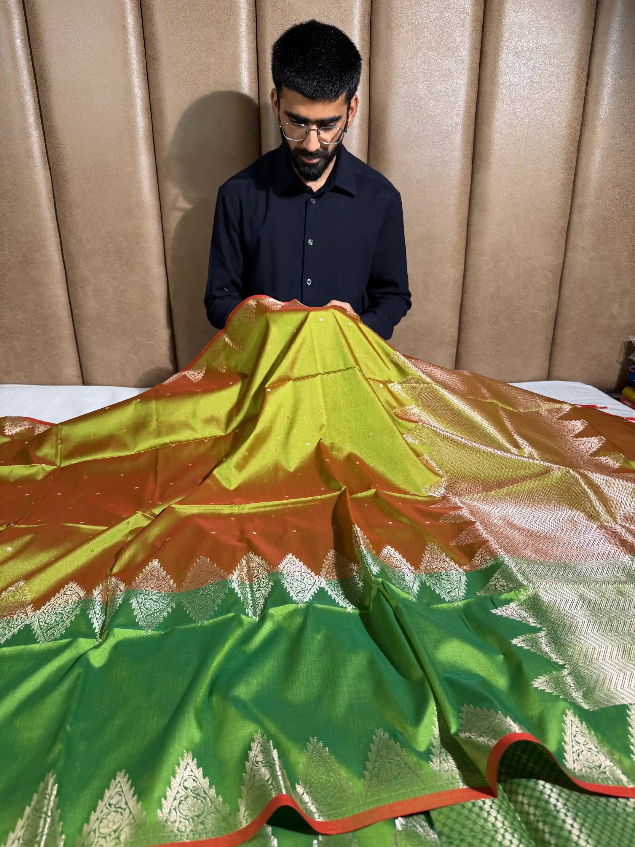 Dual Shaded Green Semi Katan Silk Contemporary Traditional Weave Banarasi Saree