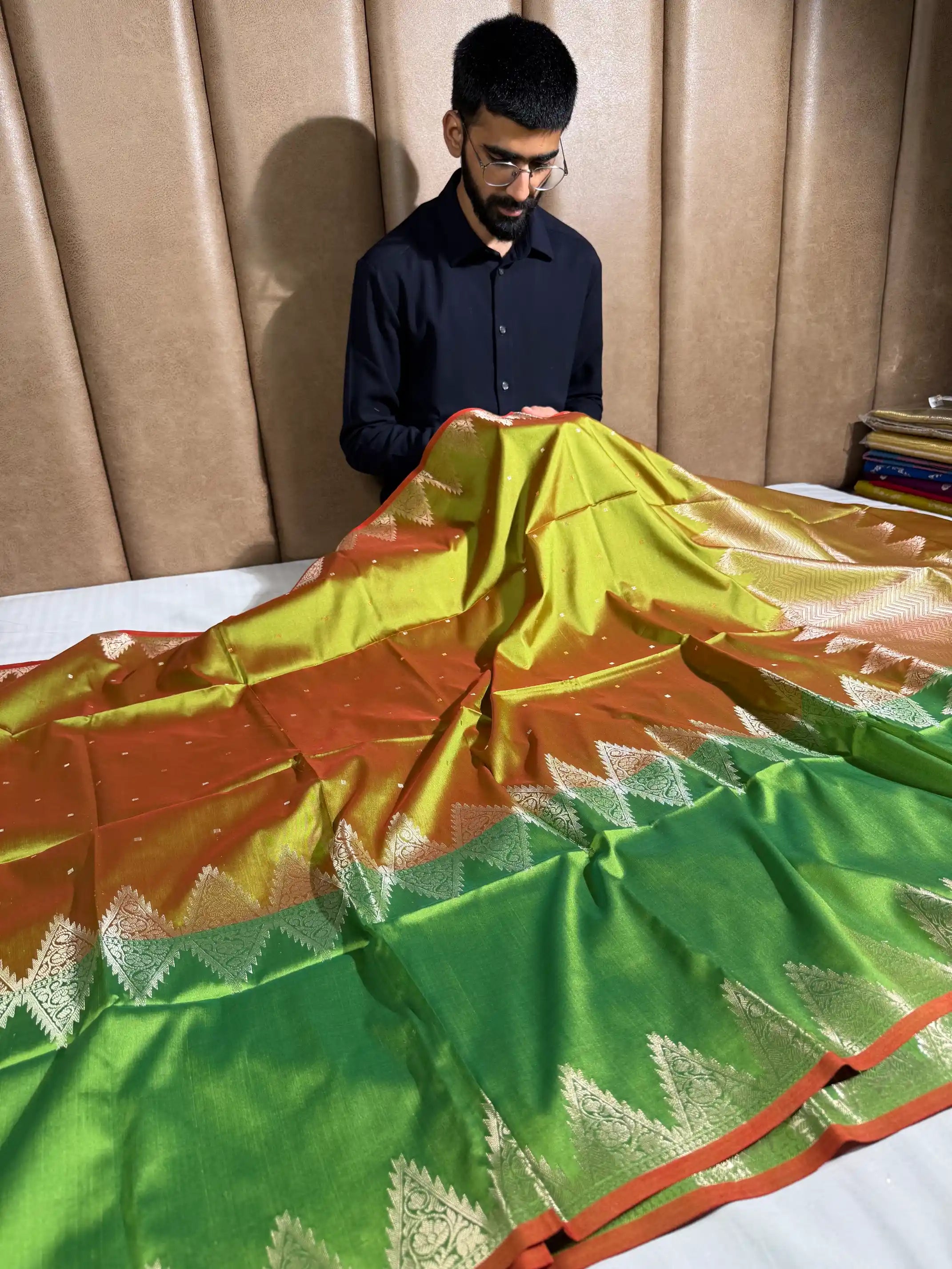 Dual Shaded Green Semi Katan Silk Contemporary Traditional Weave Banarasi Saree