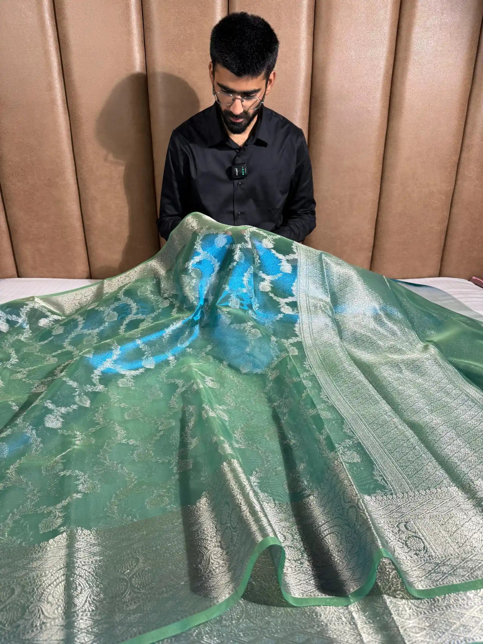 Dual Shaded Metallic Blue Glass Tissue Silk Banarasi Saree