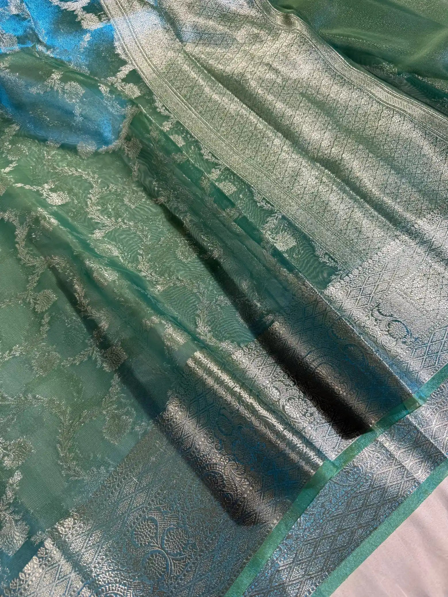 Dual Shaded Metallic Blue Glass Tissue Silk Banarasi Saree