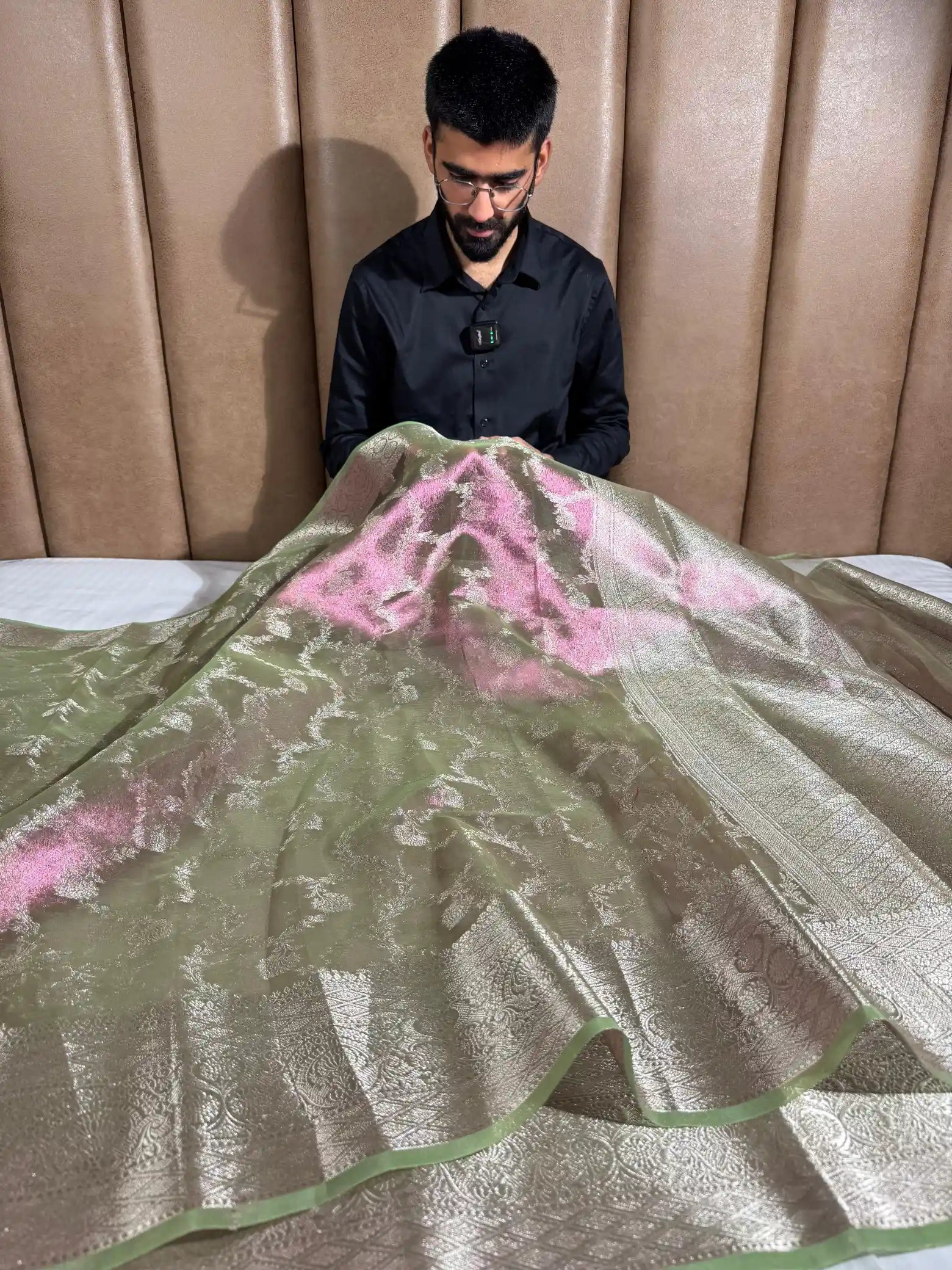 Dual Shaded Metallic Green Glass Tissue Silk Banarasi Saree