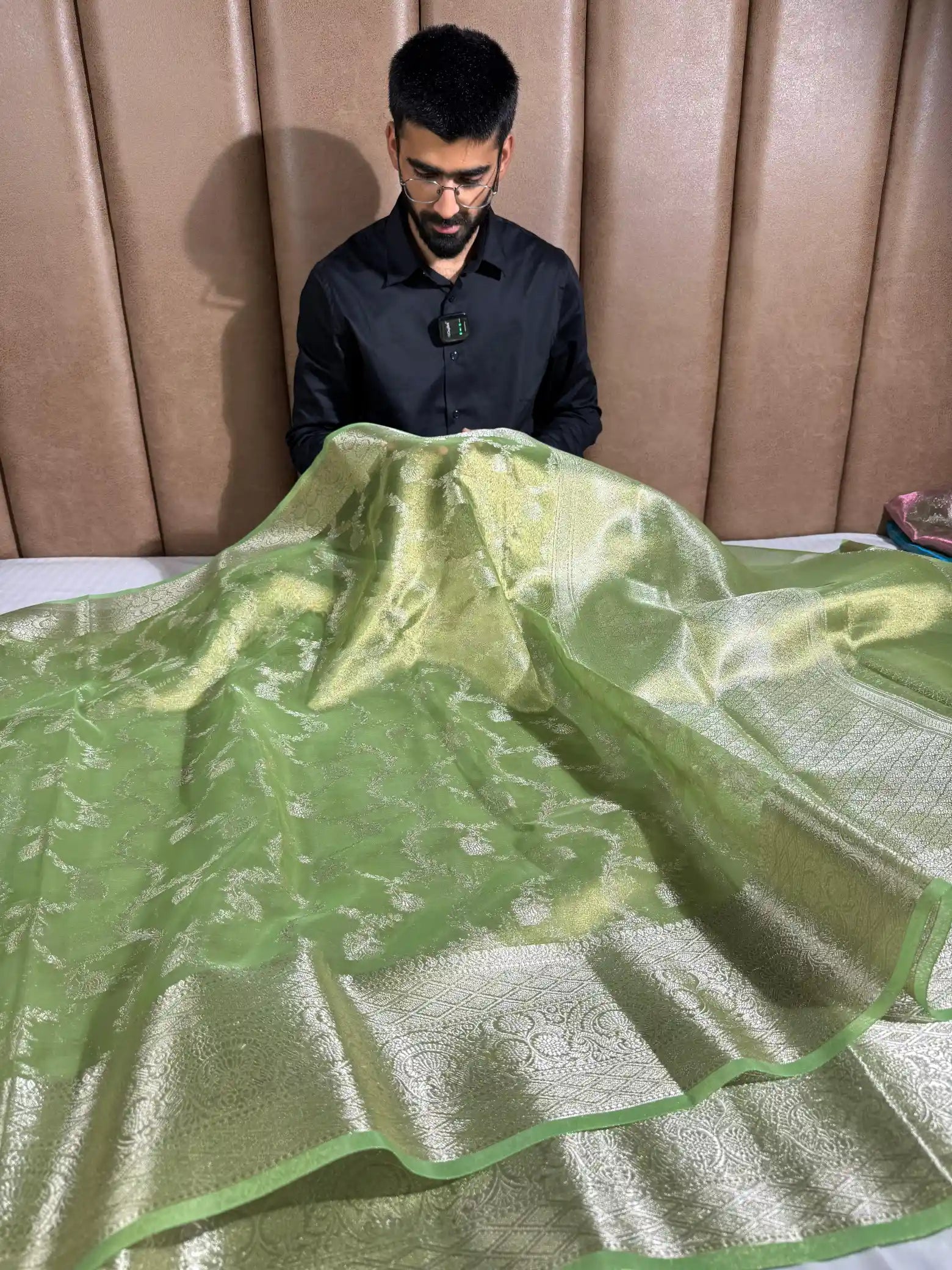 Dual Shaded Metallic Parrot Green Glass Tissue Silk Banarasi Saree