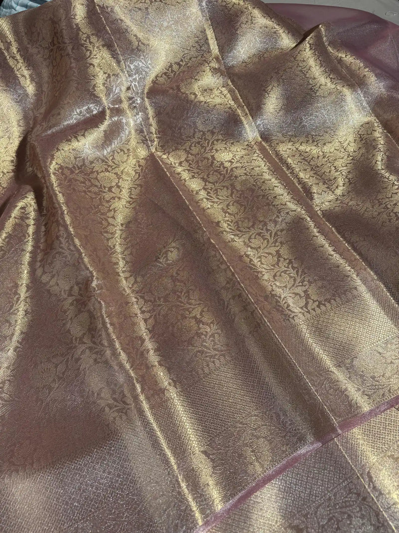 Dual Shaded Metallic Pink Texture Soft Tissue Silk Banarasi Saree in Floral Embossed Weave