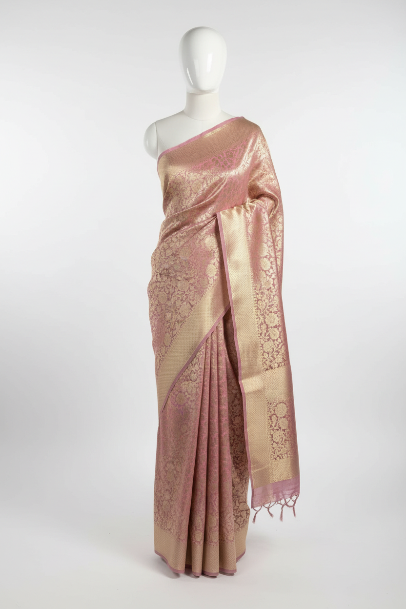 Dual Shaded Metallic Pink Texture Soft Tissue Silk Banarasi Saree