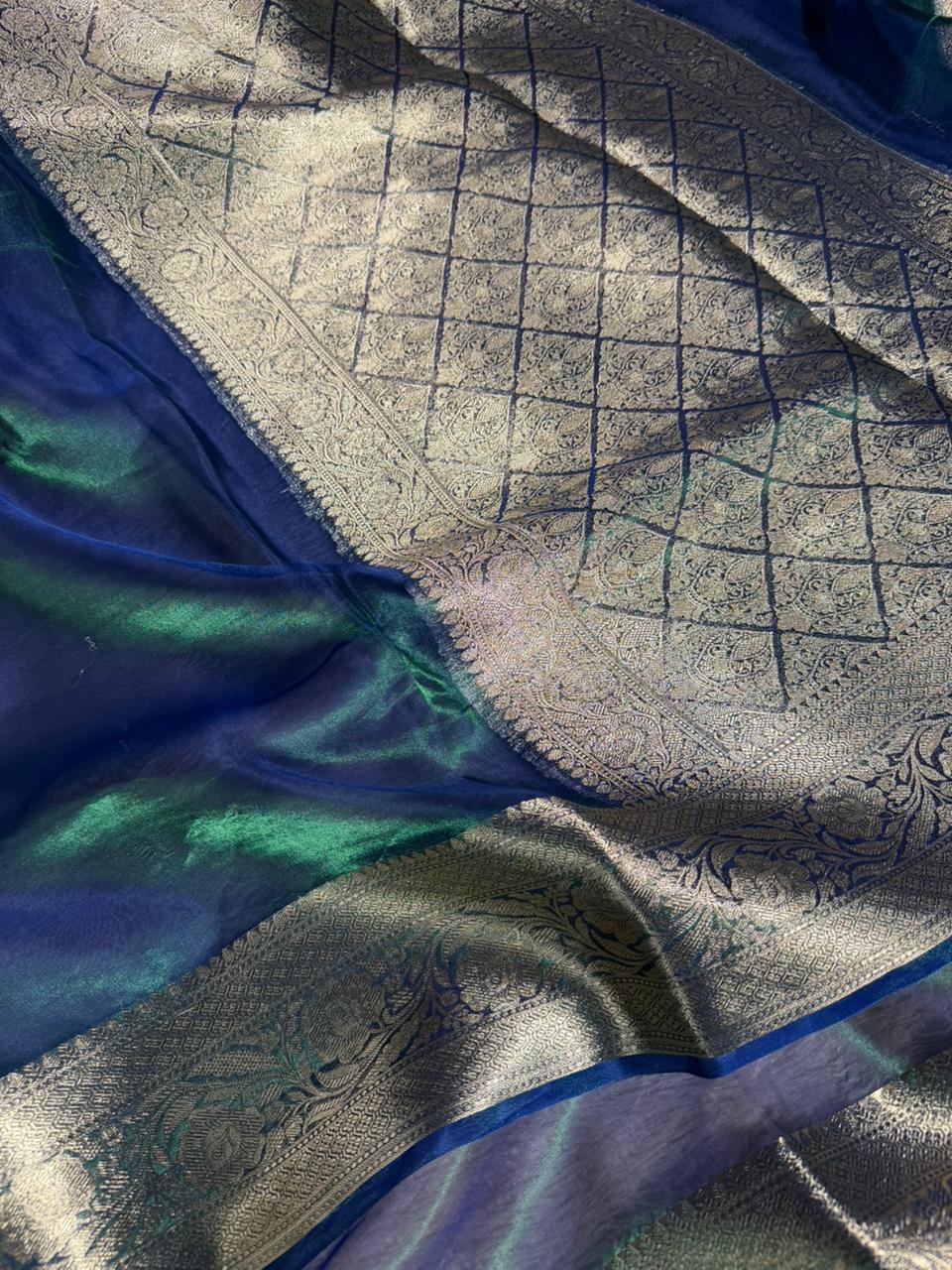 Dual Shaded Sapphire Pure Tissue Silk Banarasi Saree