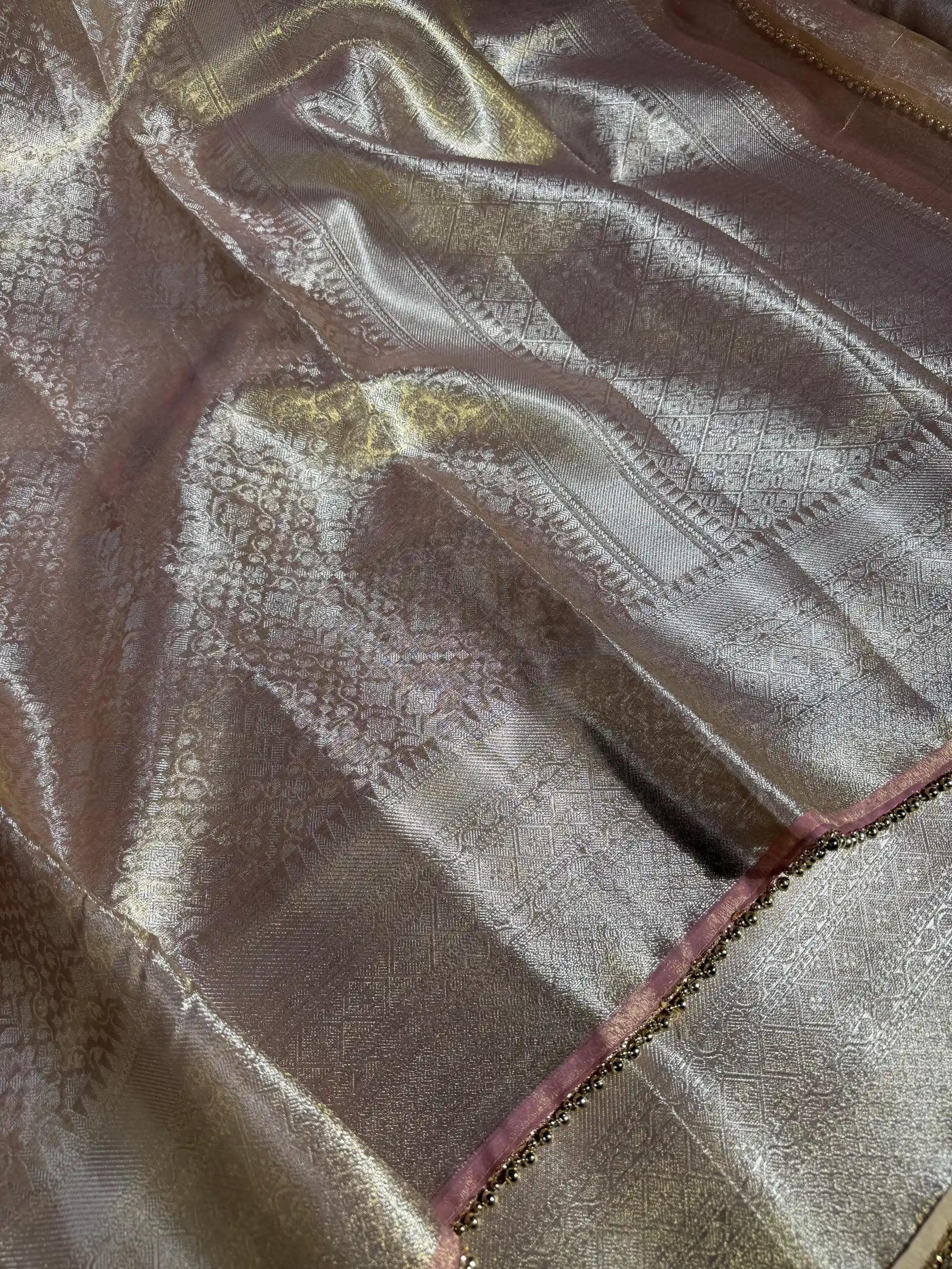 Dual Tone Glass Tissue Silk Ikkat Weave Lace Work Banarasi Saree