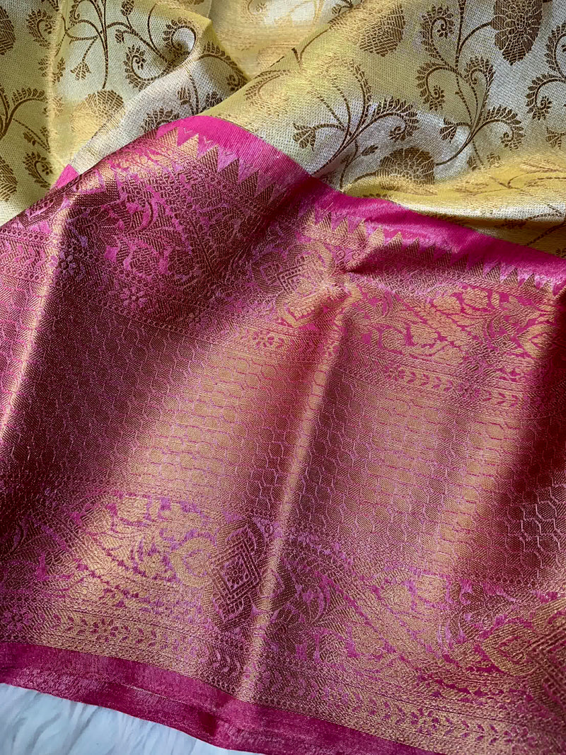 Dull Yellow Kanjivaram Soft Tissue Silk Saree