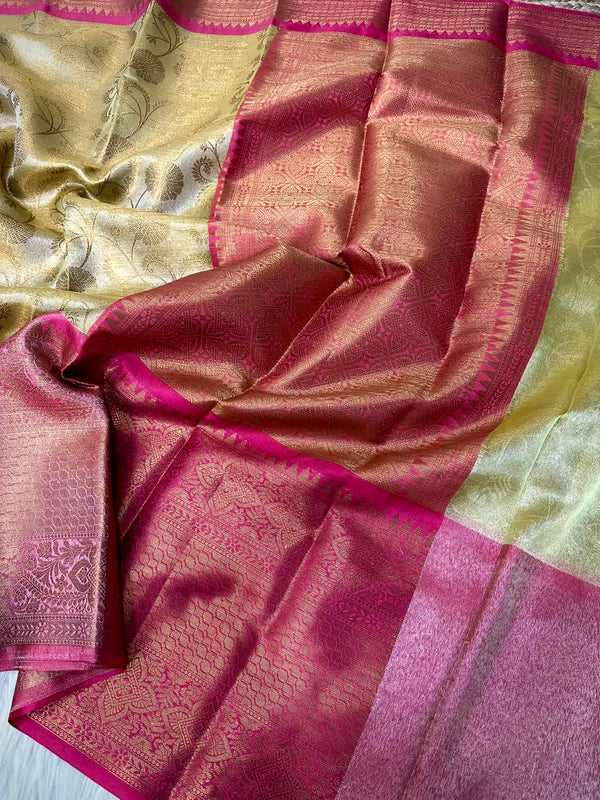 Dull Yellow Kanjivaram Soft Tissue Silk Saree