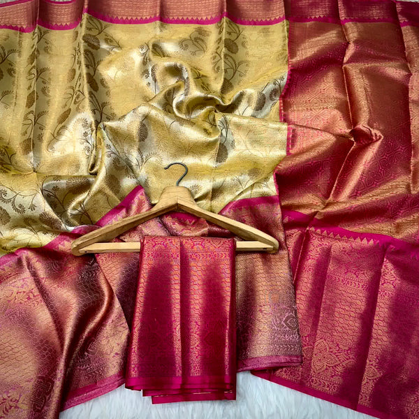 Dull Yellow Kanjivaram Soft Tissue Silk Saree