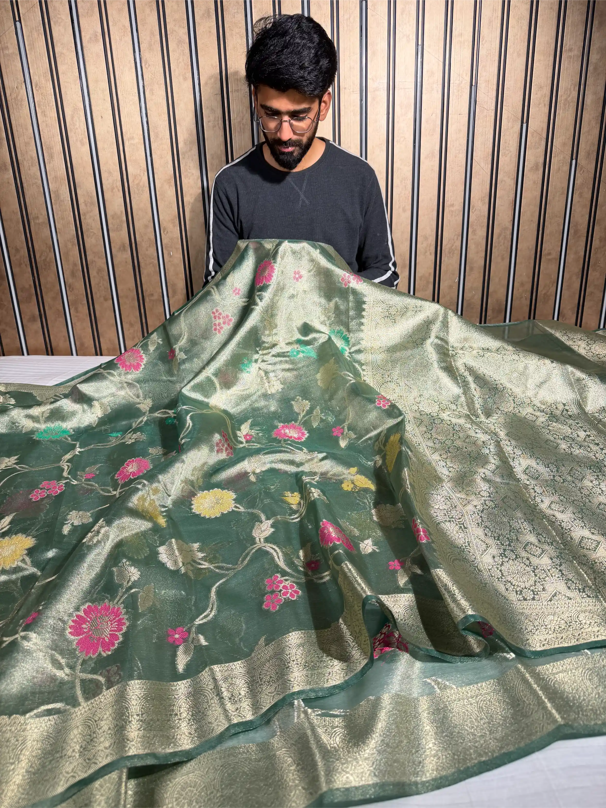 Dusty Green Tissue Silk Meenakari Banarasi Saree