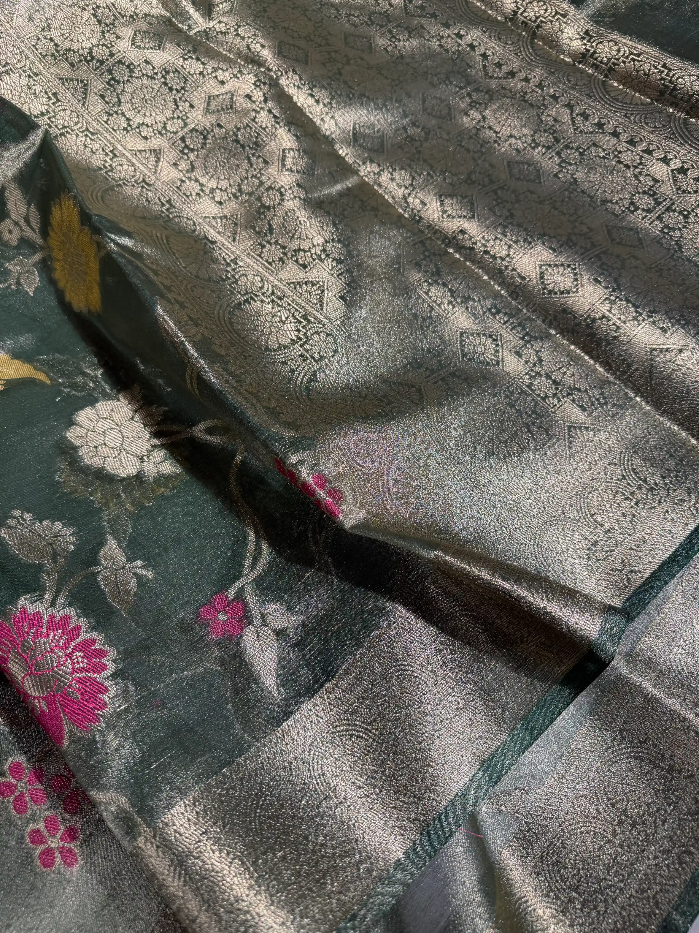 Dusty Green Tissue Silk Meenakari Banarasi Saree