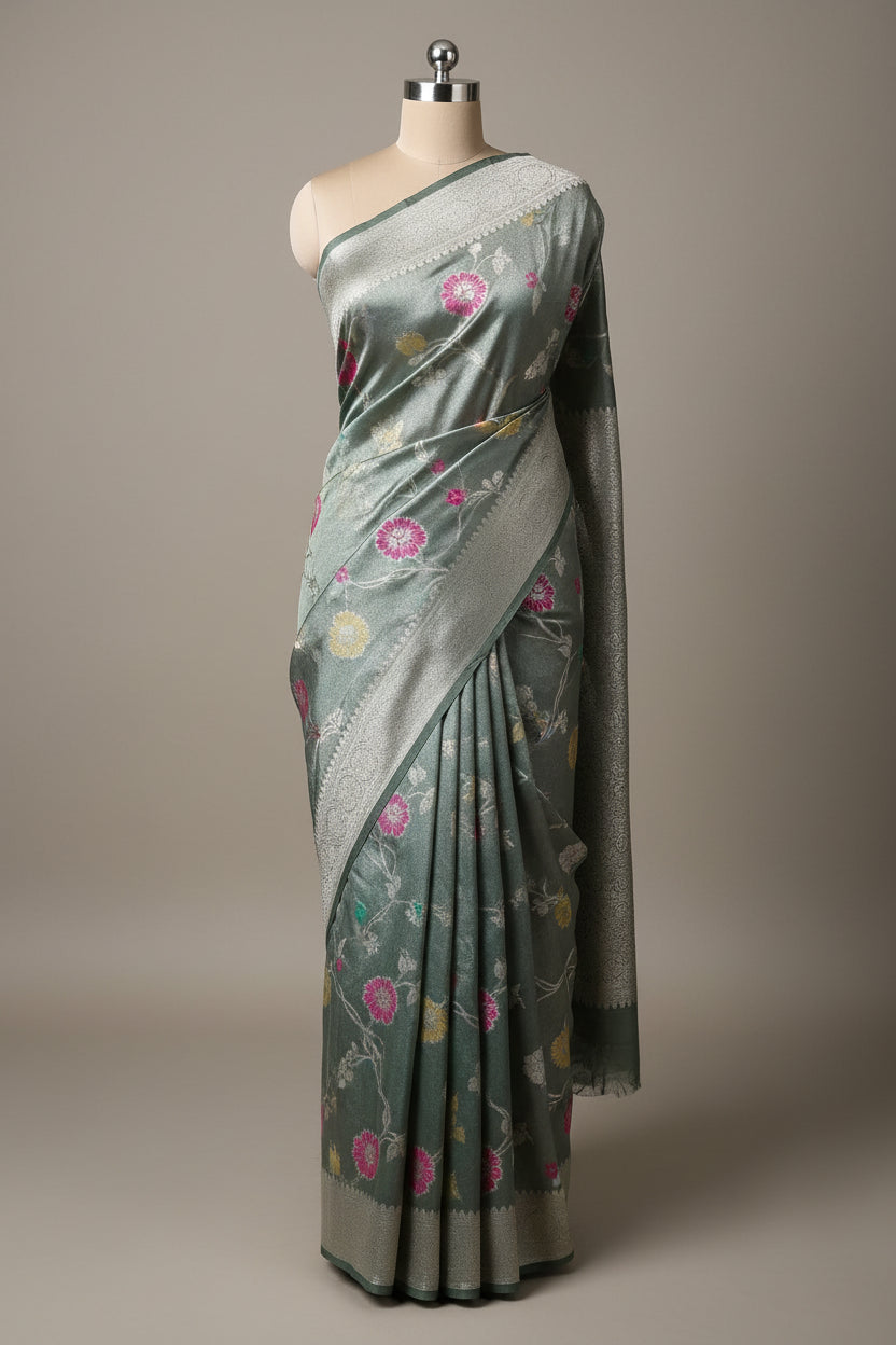 Dusty Green Tissue Silk Meenakari Banarasi Saree
