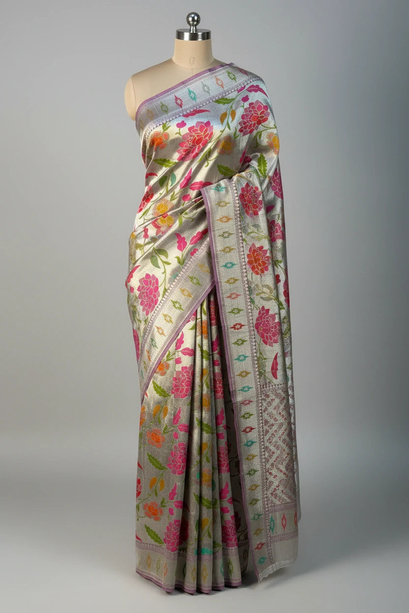 Dusty Lavender Pure Tussar Georgette Handwoven Masterpiece Banarasi Saree