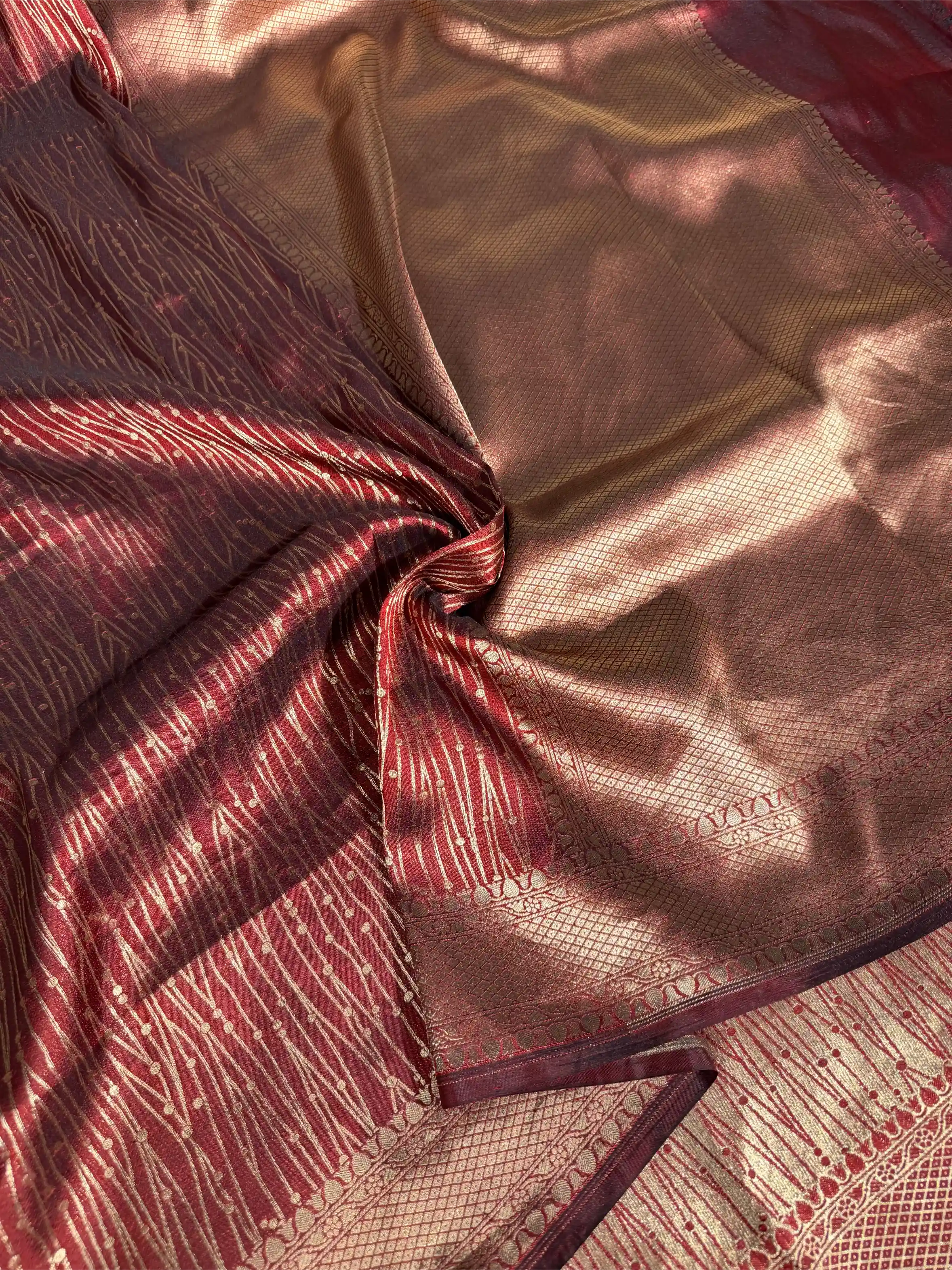 Dusty Maroon Pure Katan Silk Golden Zari Contemporary Weave Banarasi Saree