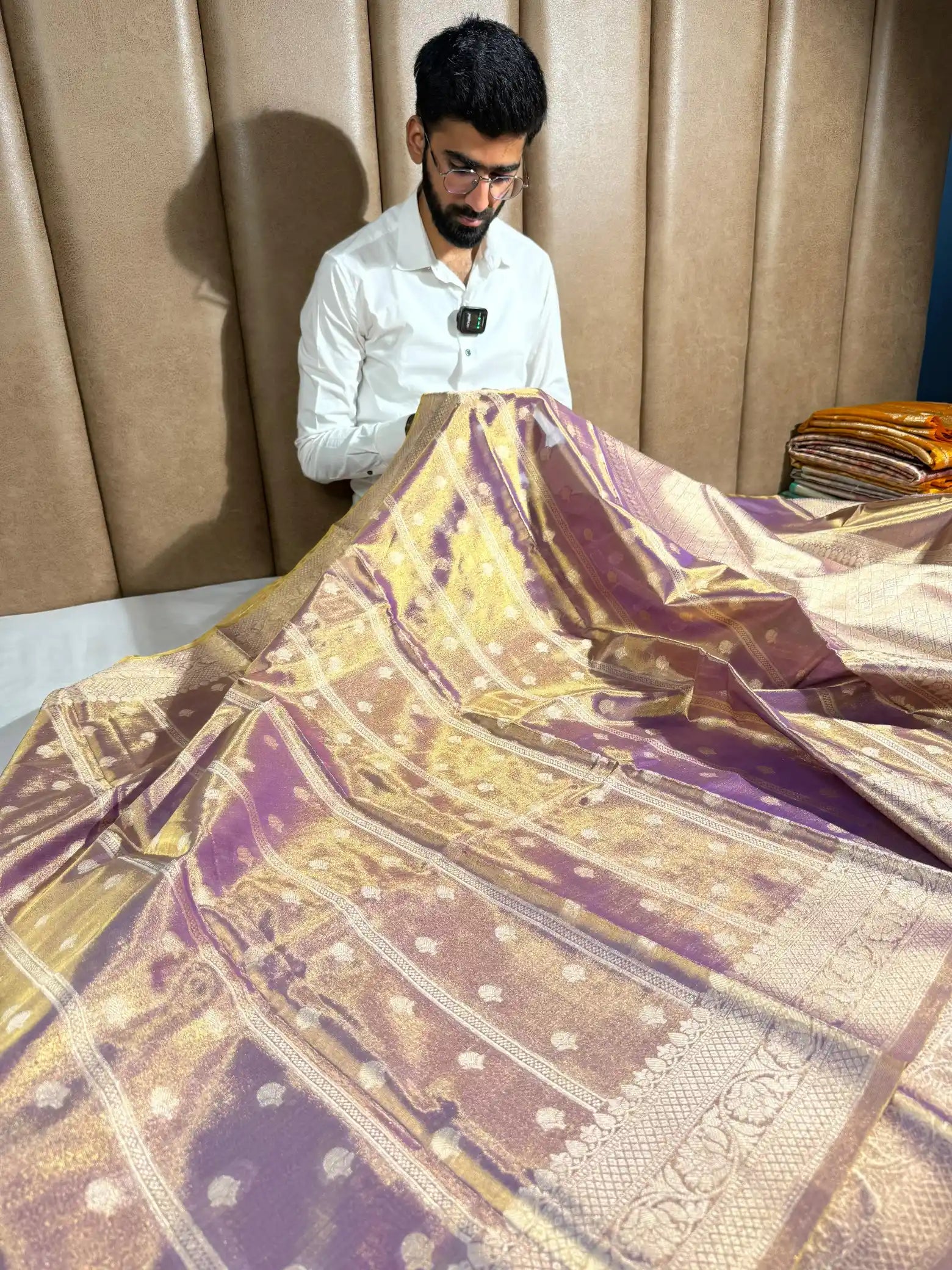 Dusty Navy Kathan Tissue Silk Zari Buta Banarasi Saree