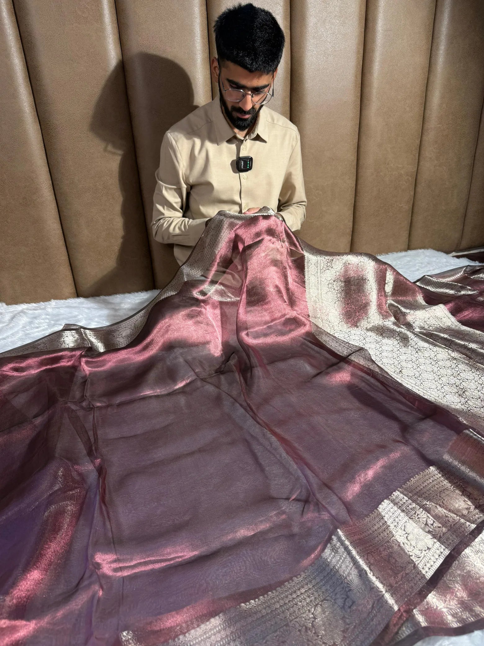 Dusty lavender shade pure tissue silk Banarasi saree