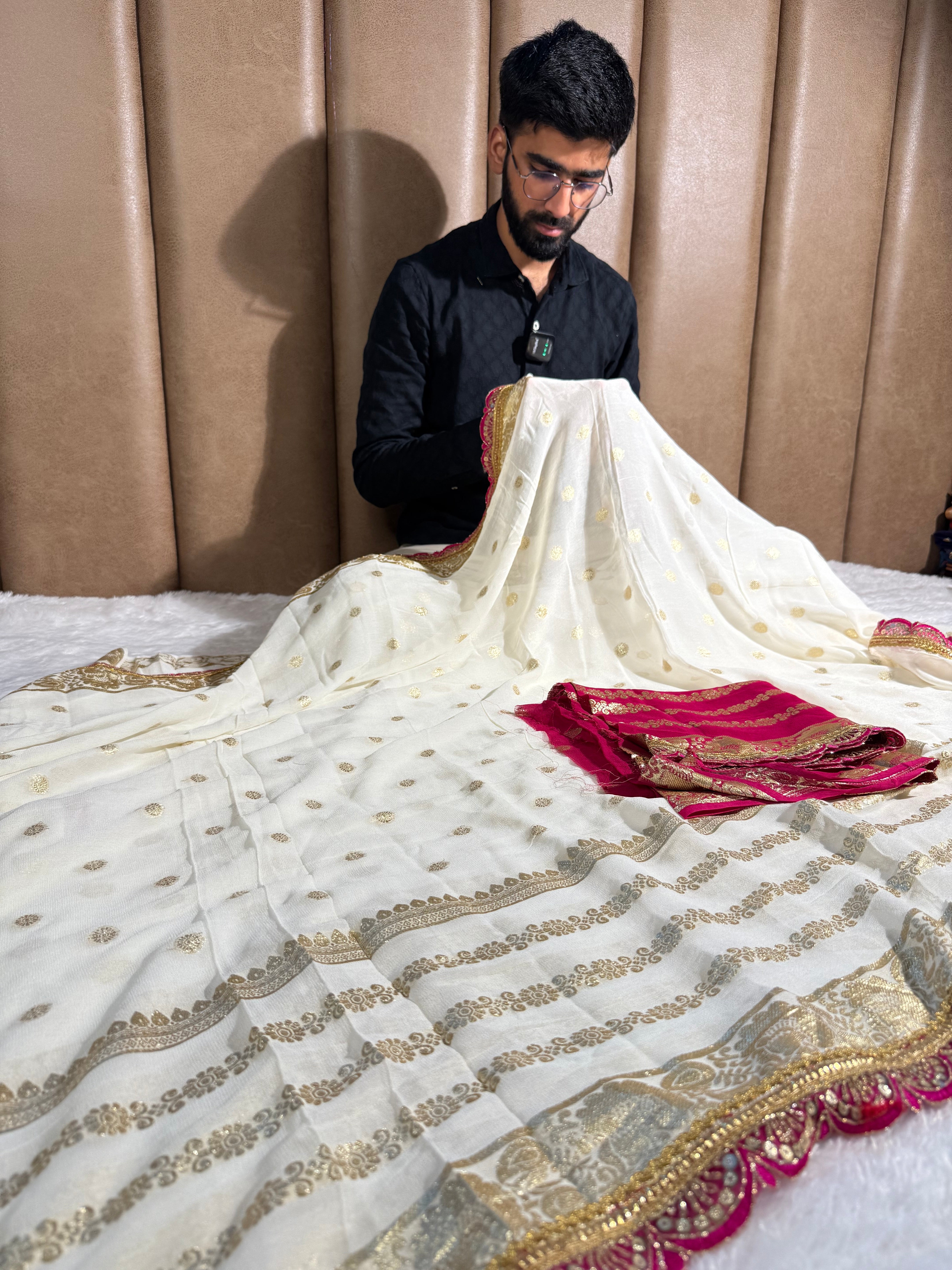 Off White Viscose Georgette Designer Lace Work Banarasi Saree