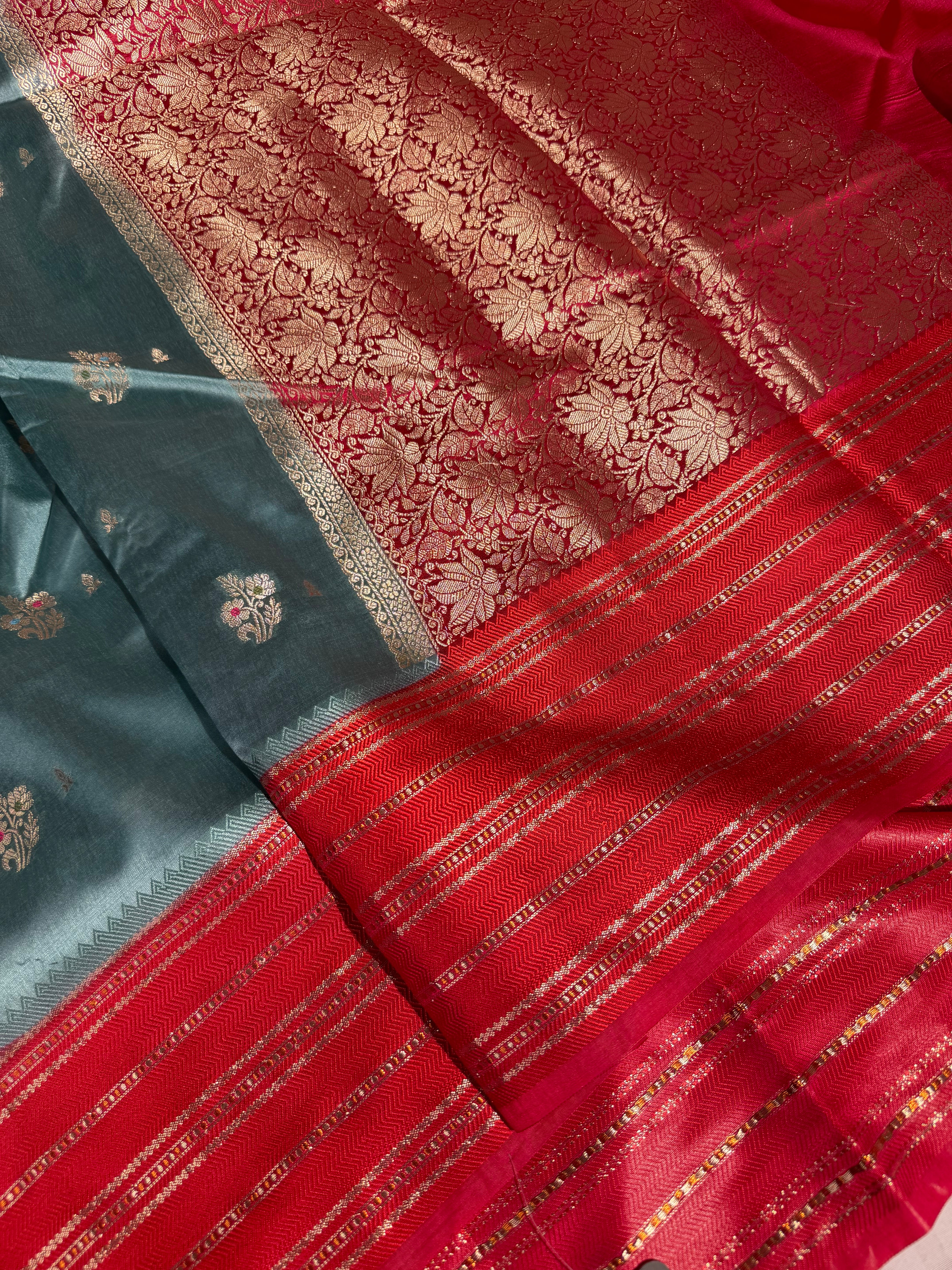 Sea Green Contrast Raw Dupion Silk Banarasi Saree