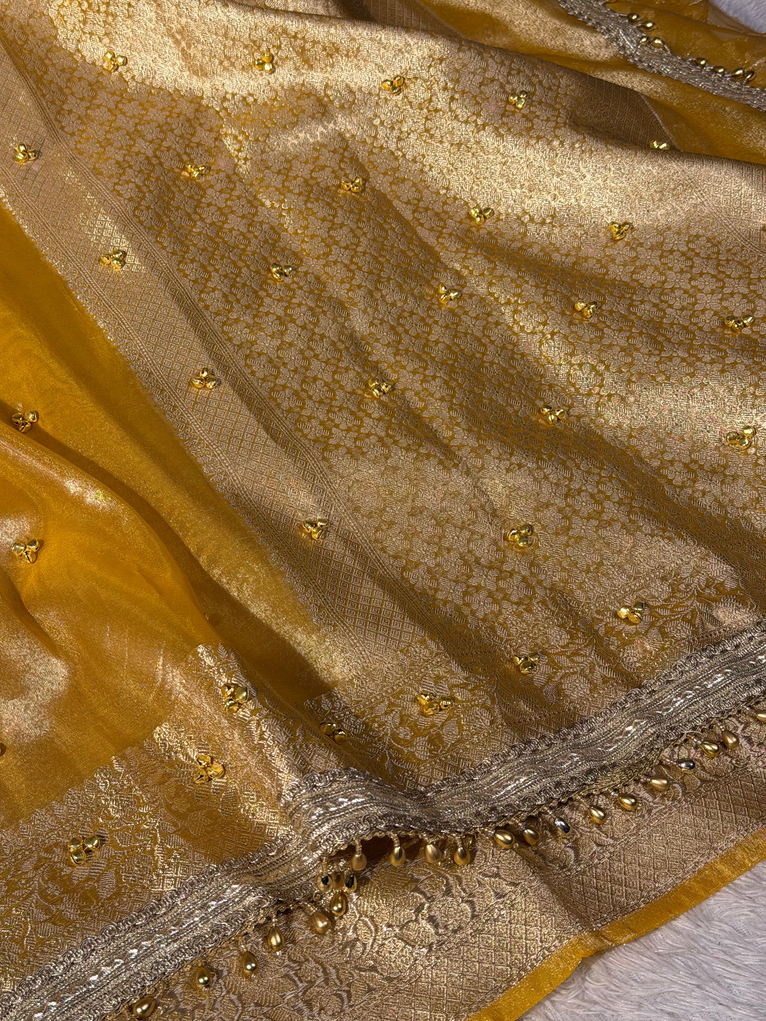 Metallic Yellow Kora Tissue Viral Ghungroo Saree
