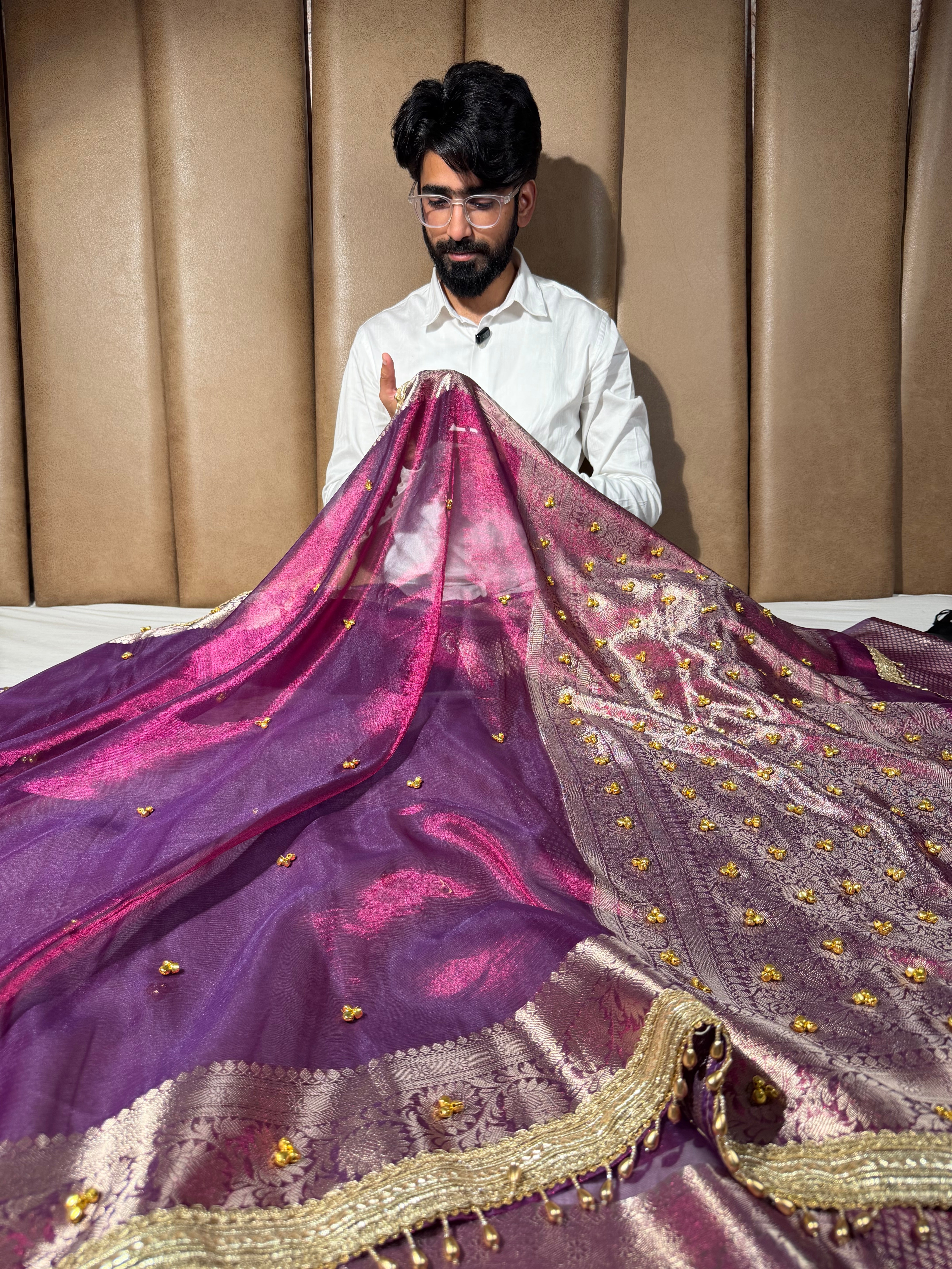Metallic Violet Kora Tissue Viral Ghungroo Saree