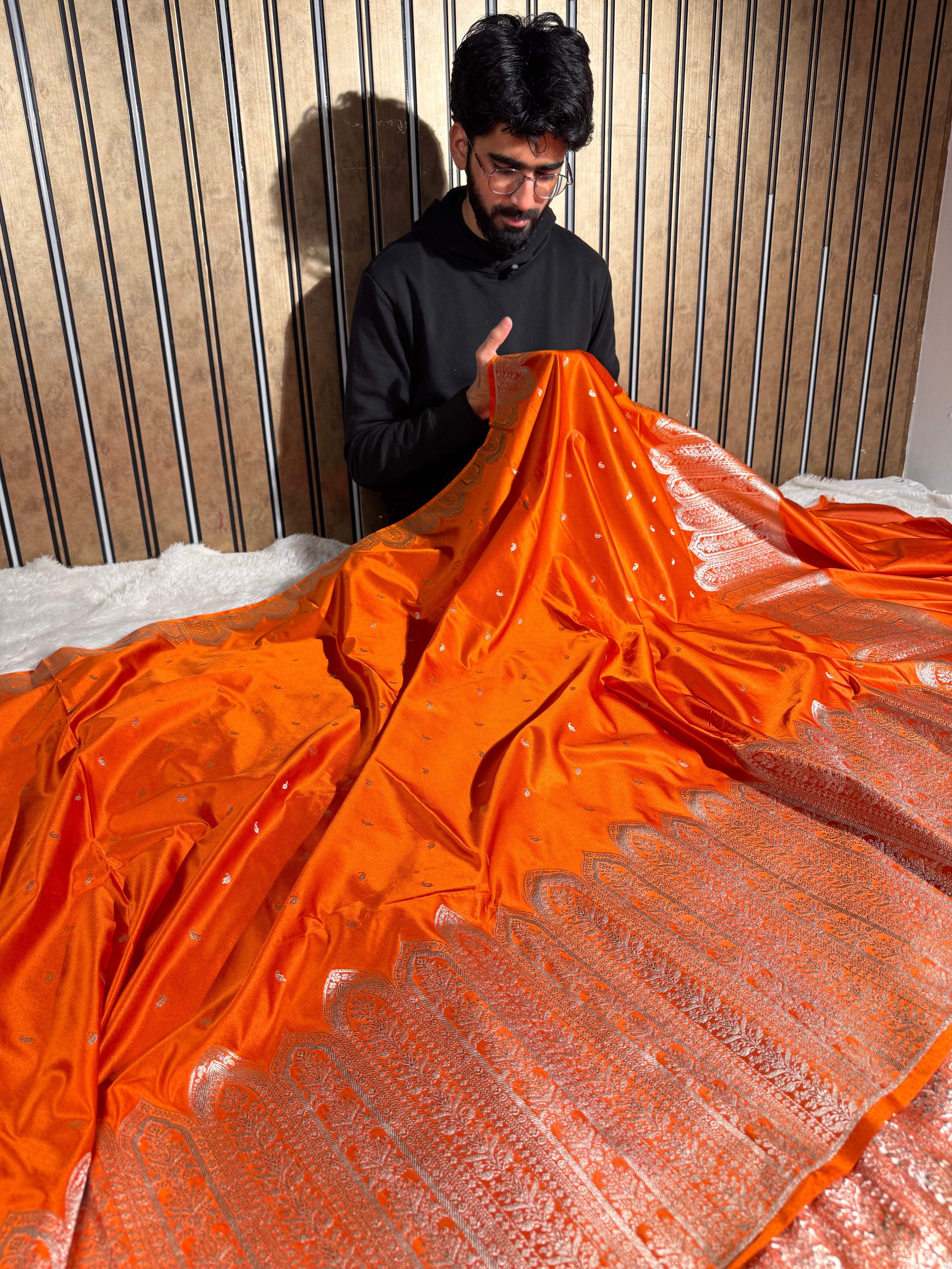 Bright Orange Mashru Katan Silk Heritage Weave Banarasi Saree