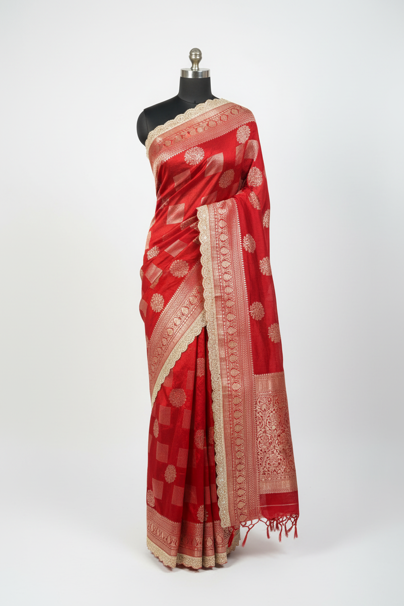 Bridal Red Dupion Silk Premium Designer Saree