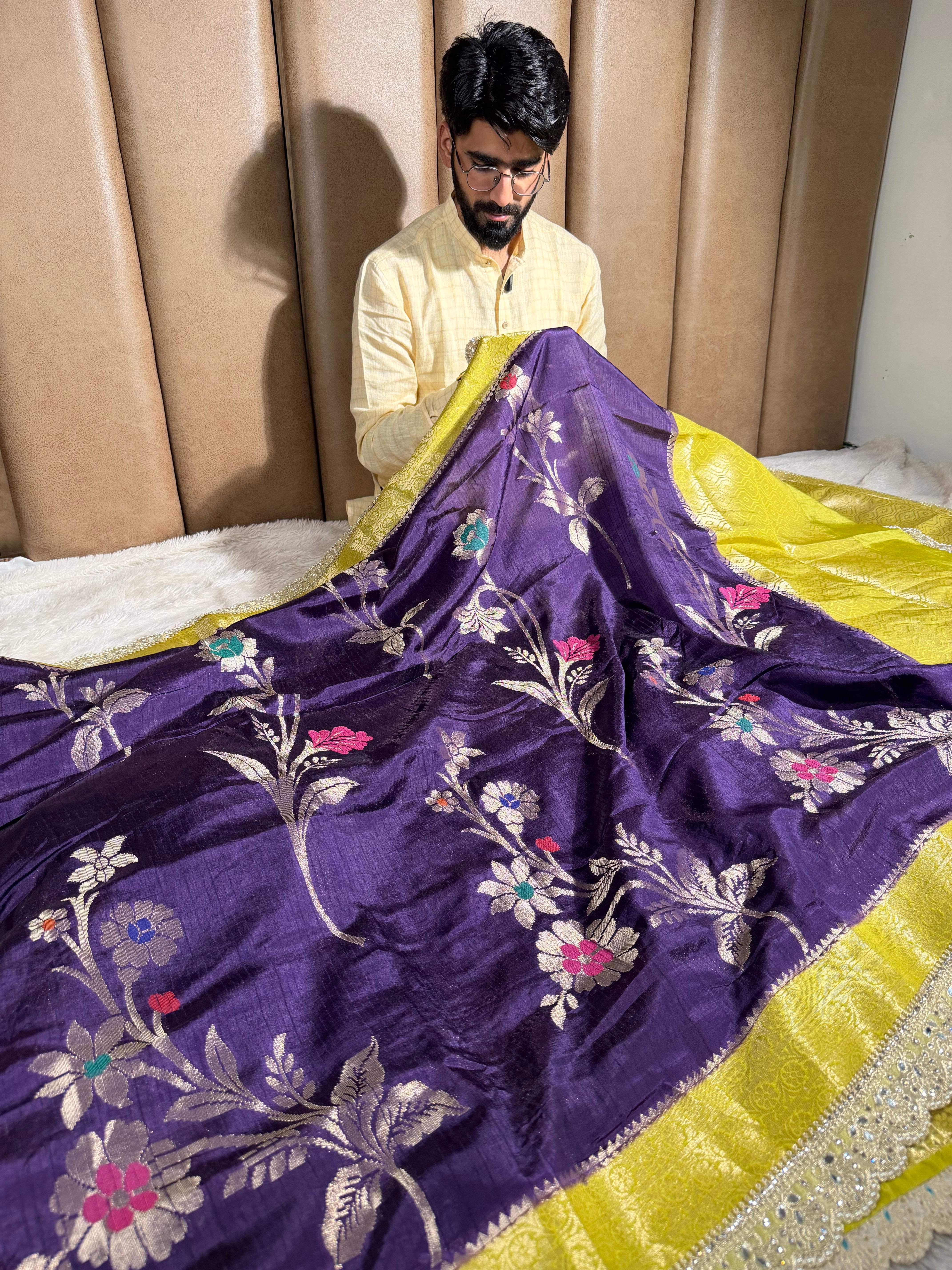 Purple Green Dupion Silk Premium Designer Saree