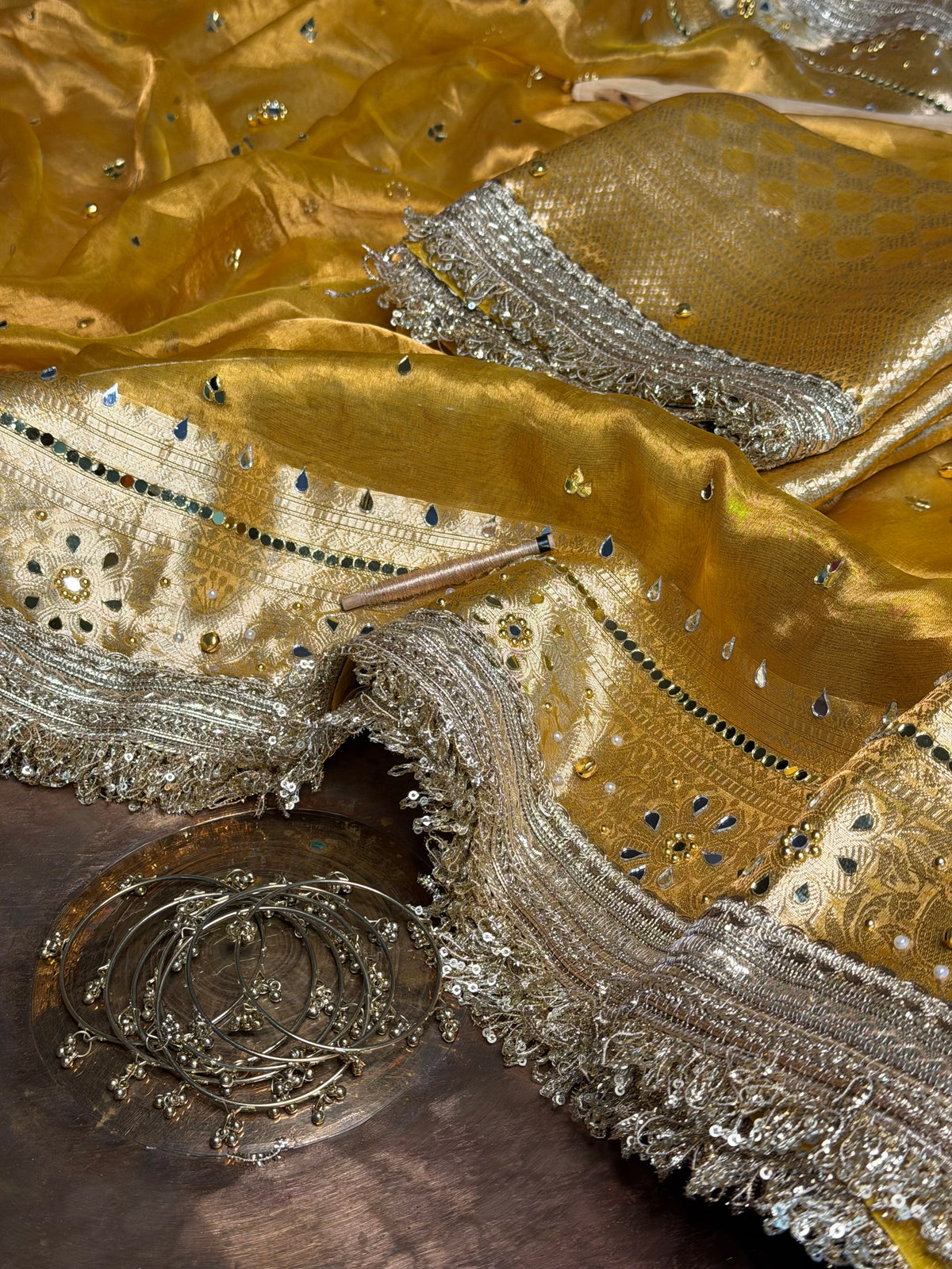 Bright Yellow Pure Tissue Ghungroo Mirror Work Saree
