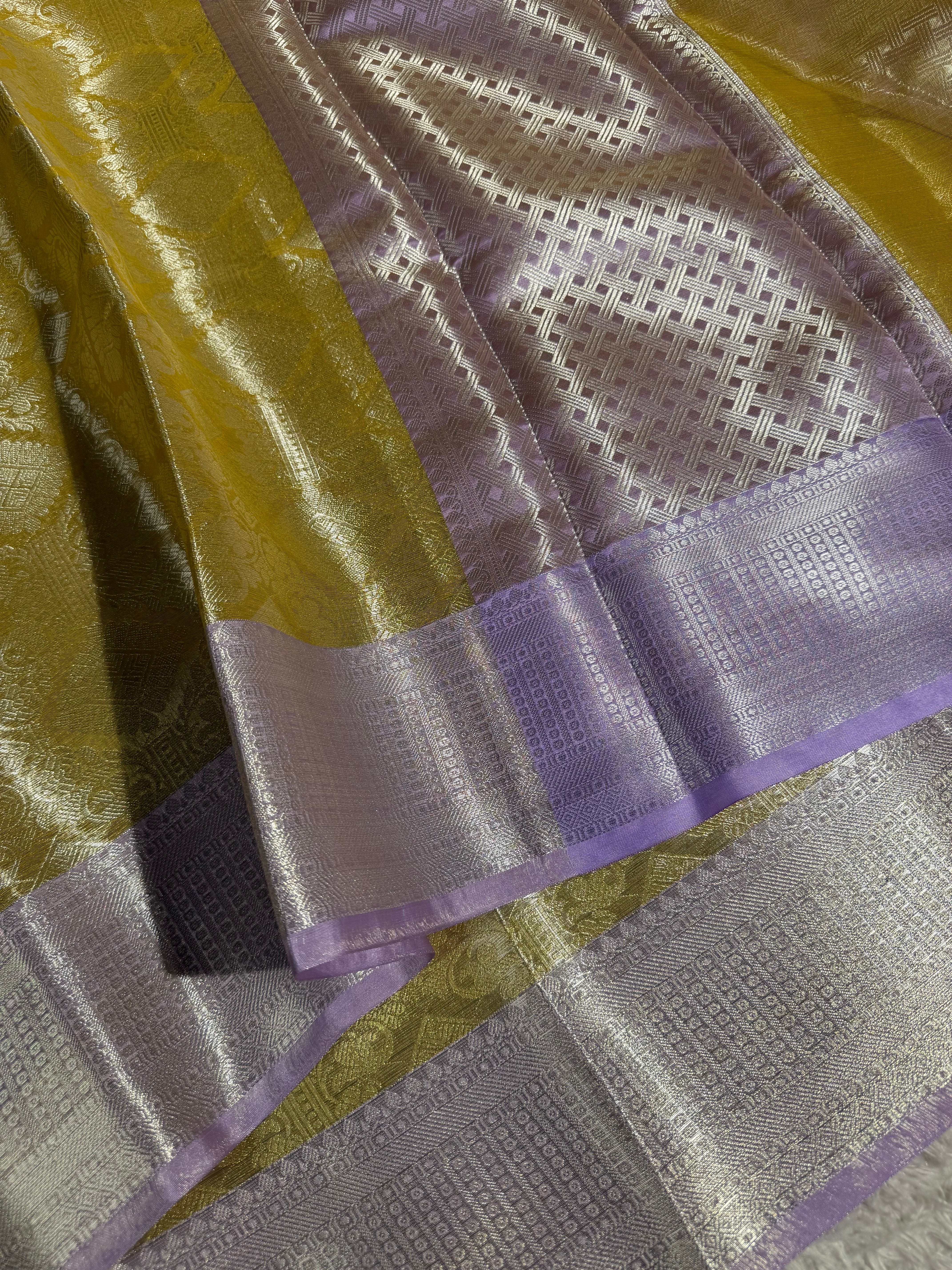 Lemon Yellow Kanjivaram Embossed Tissue Saree