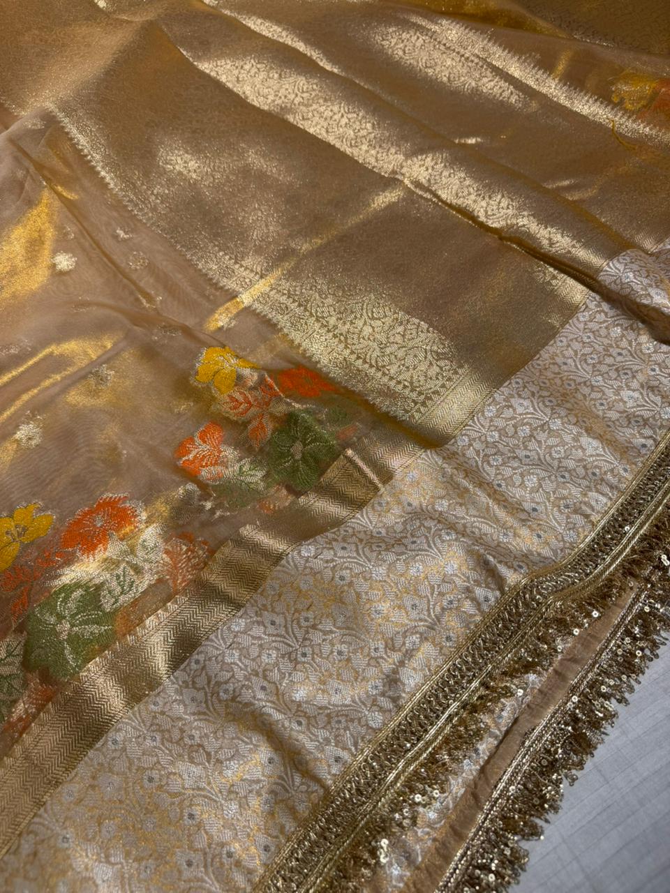 Eccentric Copper Tissue Silk Designer Lace Work Banarasi Saree