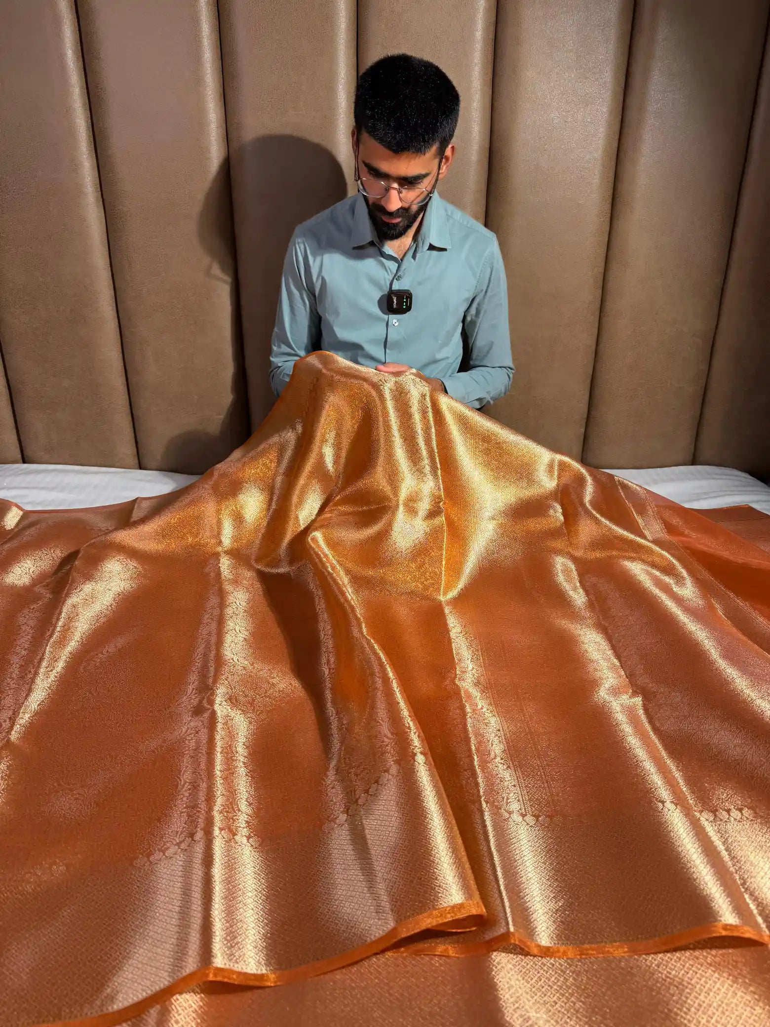 Eccentric Metallic Orange Kanjivaram Brocade Tissue Silk Saree with Copper Zari Heritage Weave