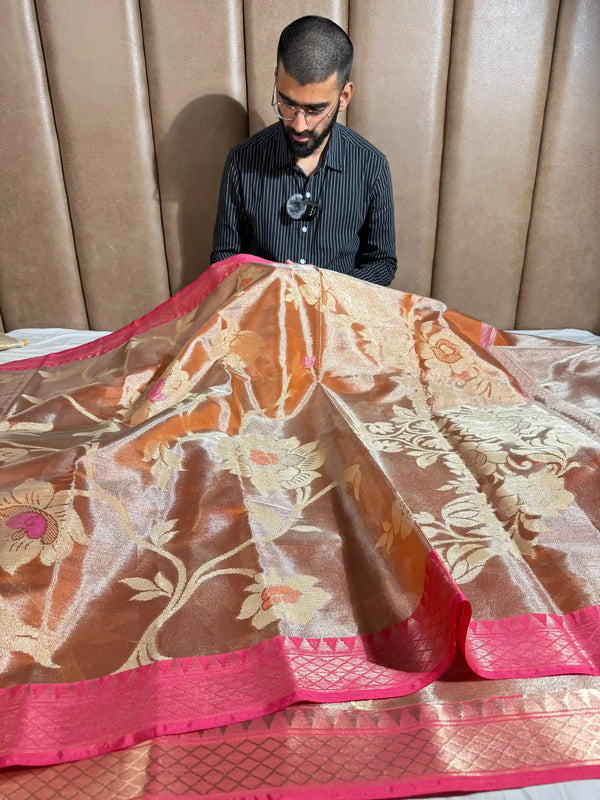 Metallic Orange Tissue Silk Heritage Grand Weave Banarasi Saree
