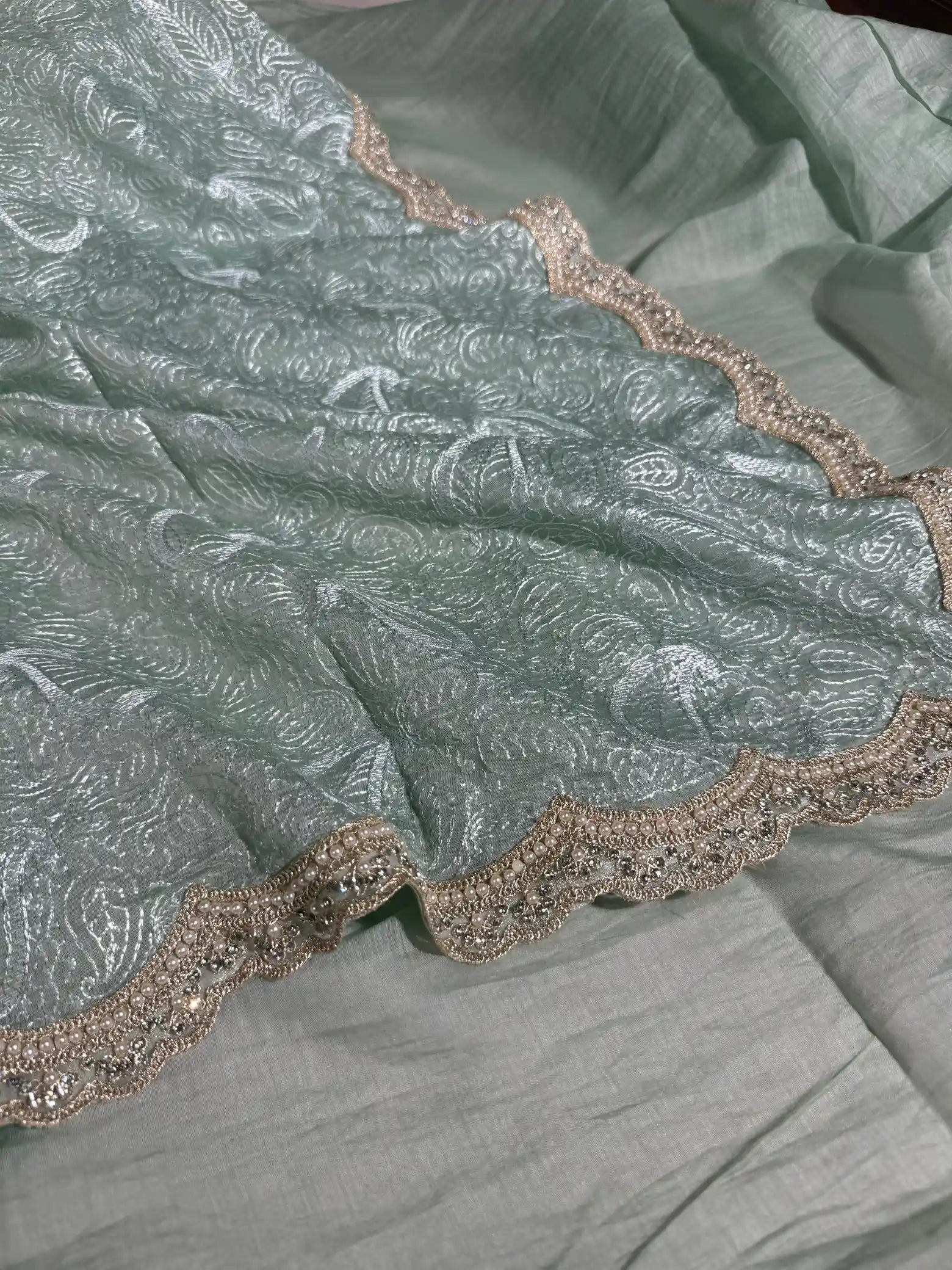 Mint Green Pure Mul Cotton Chikankari Embroidery Saree 