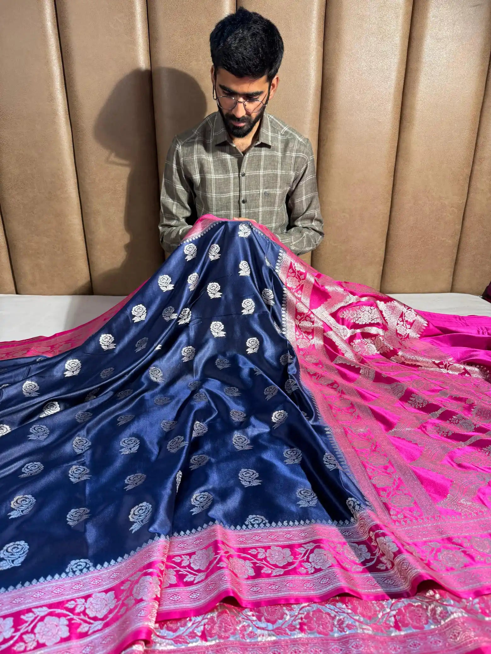 Navy Blue Mashru Katan Silk Banarasi Saree