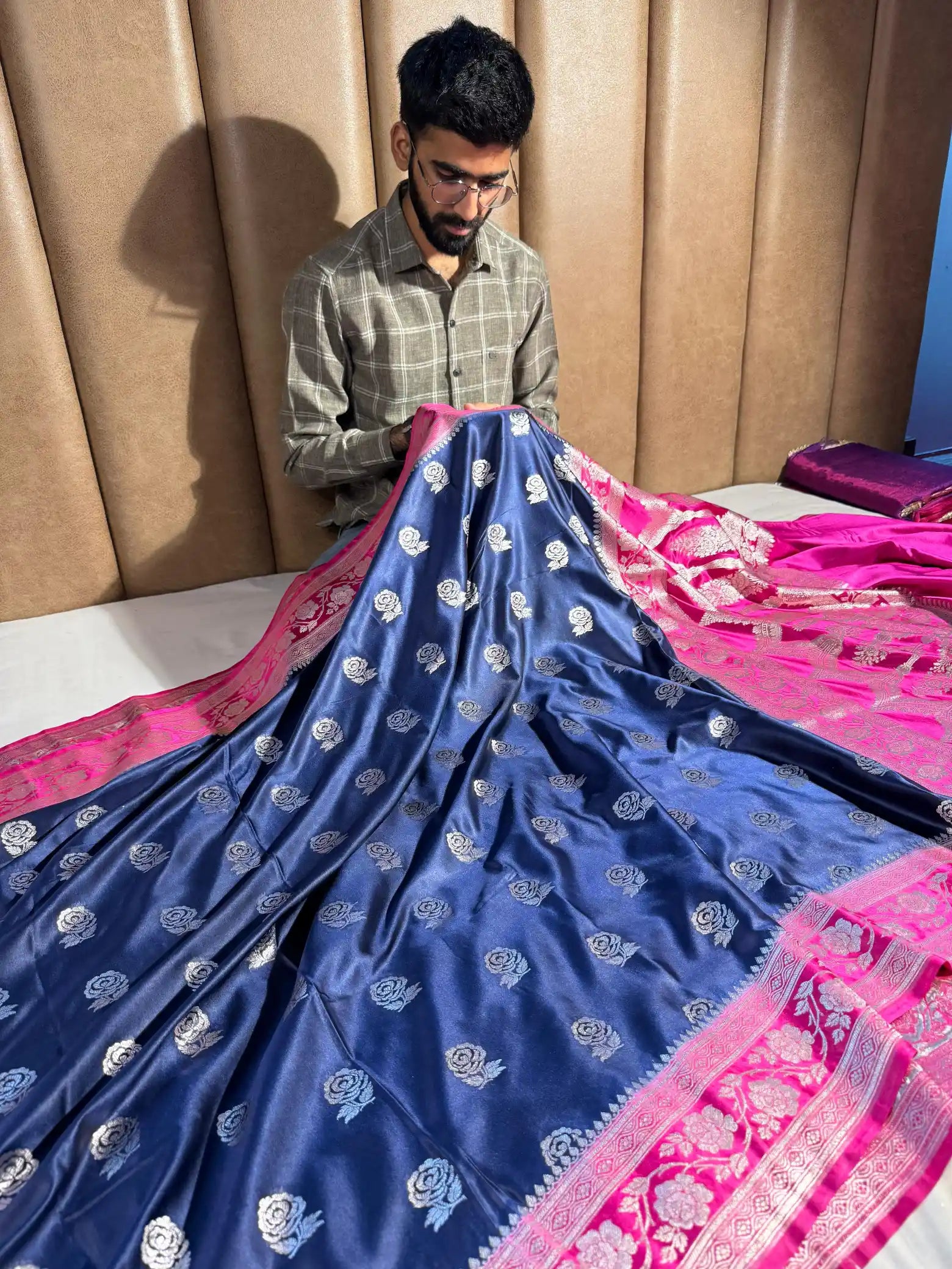 Navy Blue Mashru Katan Silk Banarasi Saree