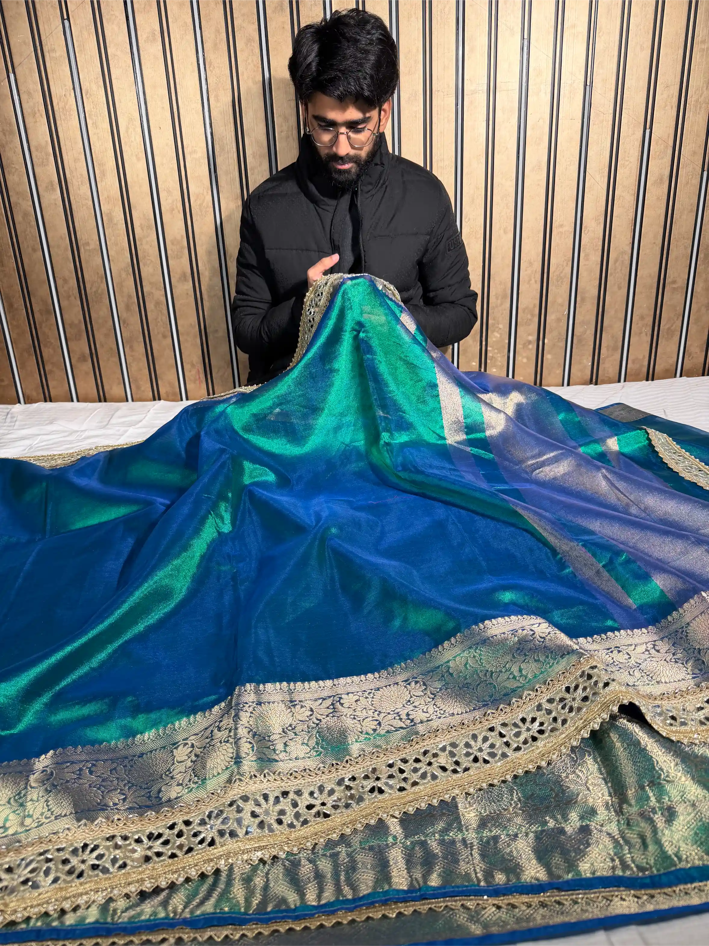 Eccentric Peacock Tissue Silk Mirror Work Banarasi Saree