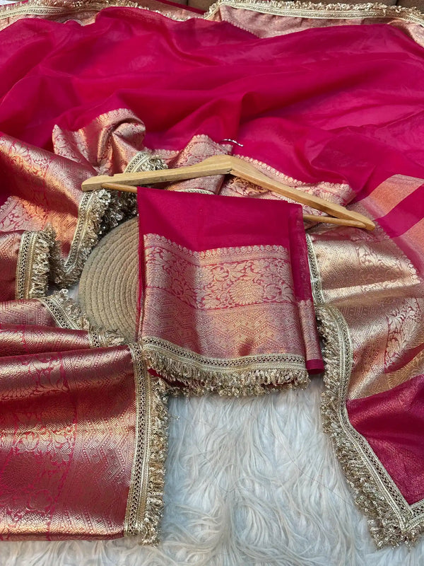 Eccentric Rani Pink Shade Kora Organza Banarasi Saree with Designer Exclusive Lace Work