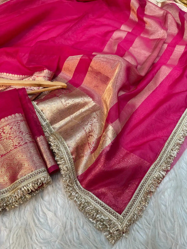 Eccentric Rani Pink Shade Kora Organza Banarasi Saree with Designer Exclusive Lace Work
