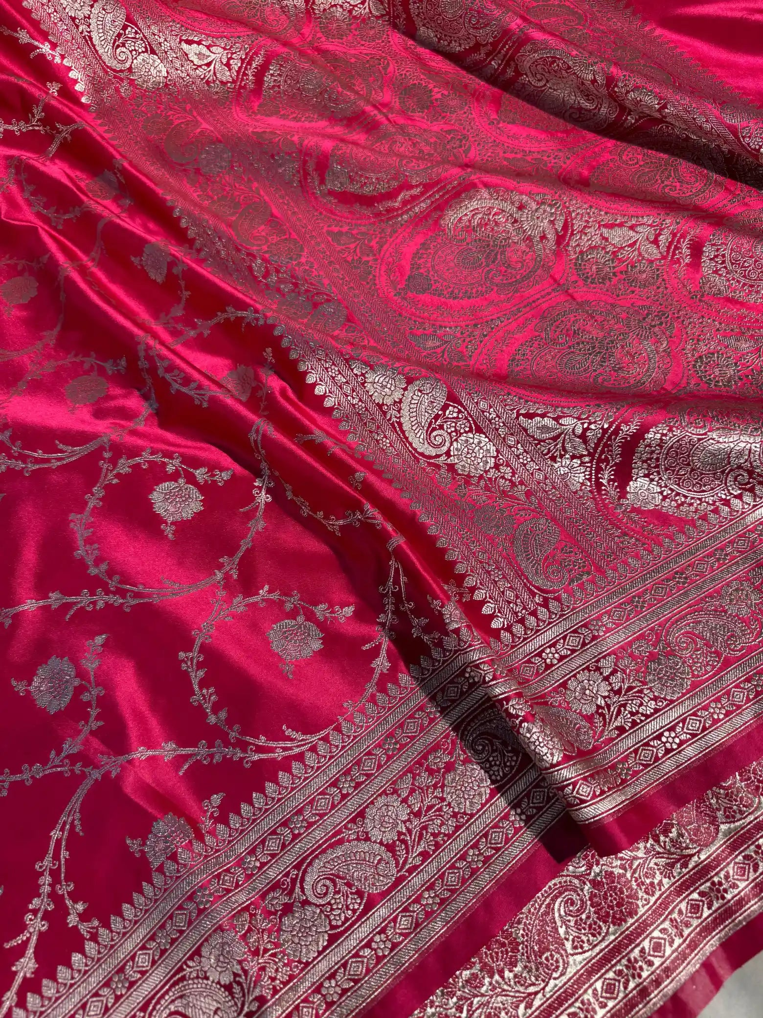 Eccentric Rani Pink Shade Mashru Katan Silk Banarasi Saree in Floral Intricate Weave