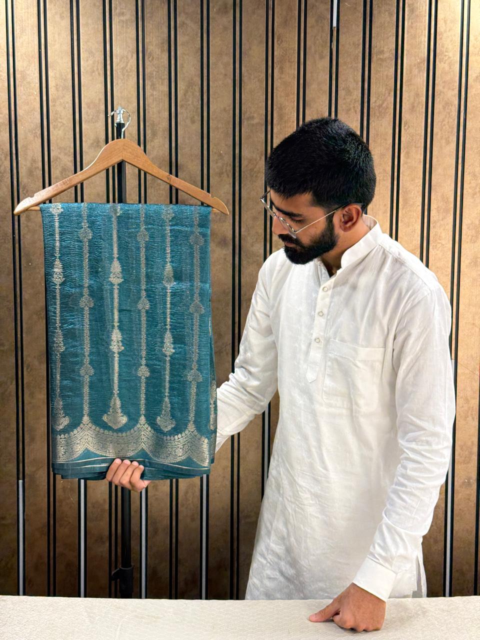 Teal Blue Crushed Tissue Silk Banarasi Saree